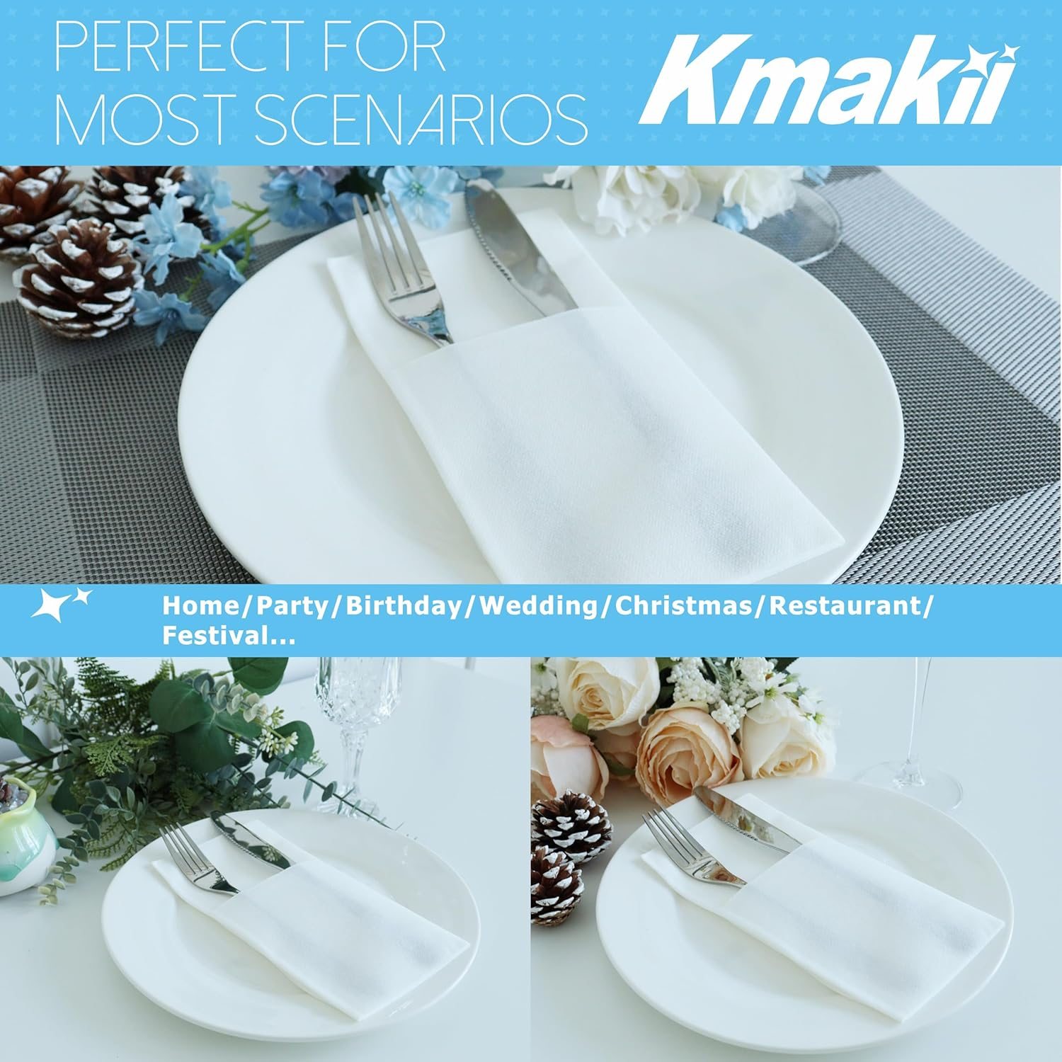 KMAKII Disposable Napkins,Pocket Napkins,White Paper Napkins,Linen Feel White Napkins,40&times;40Cm,100 Count,White - 50 Count image number 3