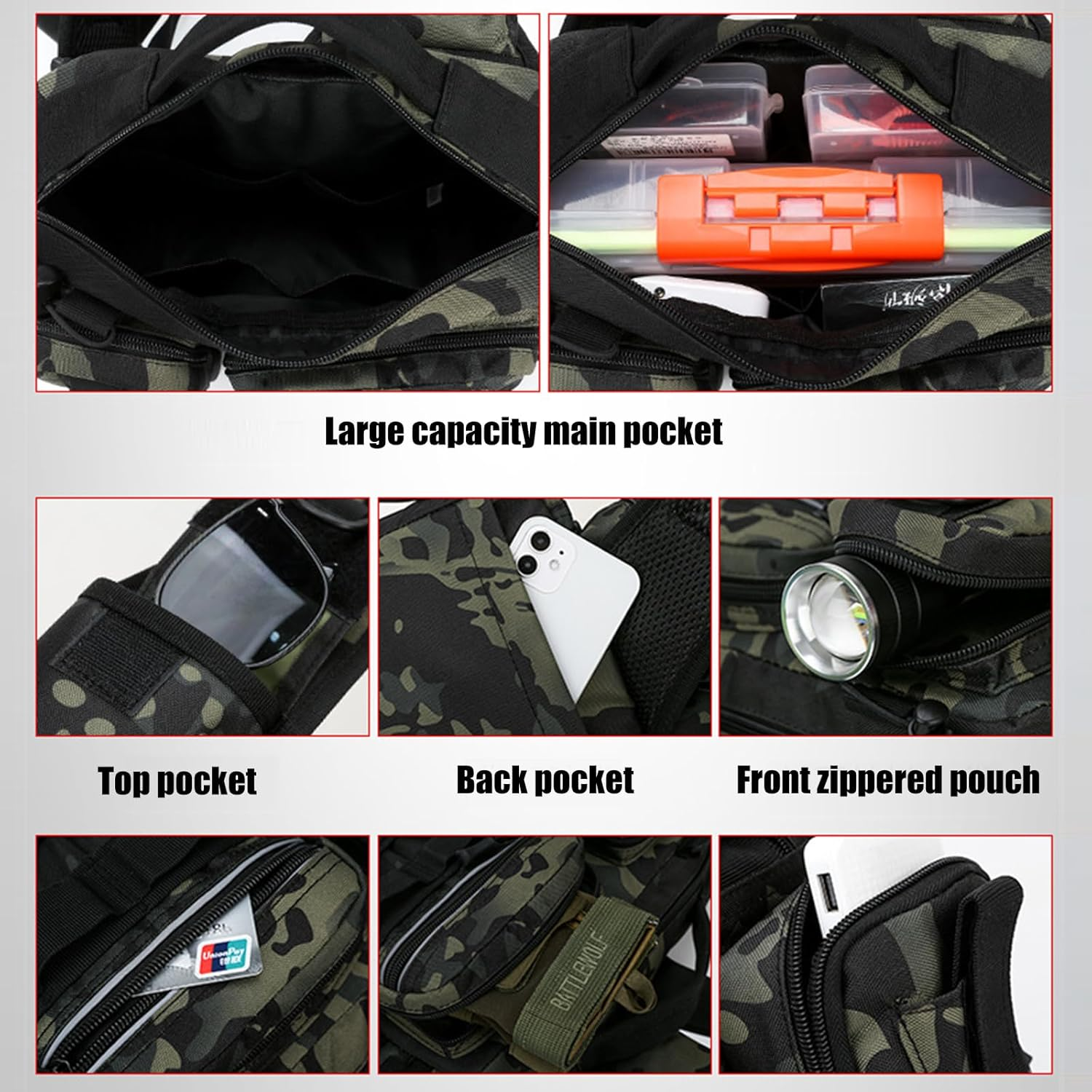 Fishing Tackle Storage Bag Fly Fishing Gear Pack Backpack for Men and Women Sling Bag Shoulder Cross Body Fishing Bag with Rod Holder Hiking Waterproof Nylon (Black) image number 3