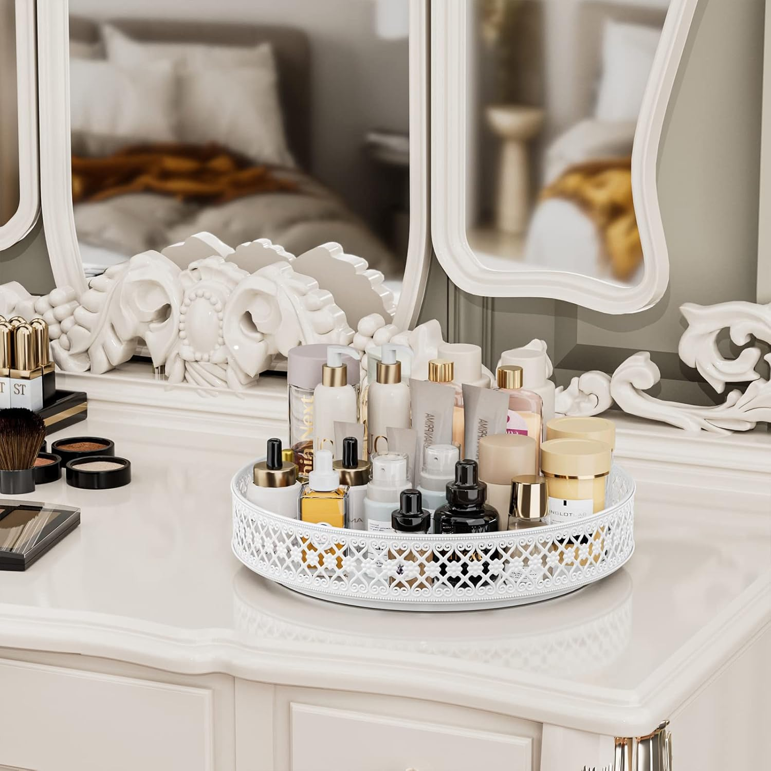 Ovicar Lazy Susan Turntable Organizer - 13 Inch Rotating Spice Rack Metal Lazy Susan for Cabinet Pantry Kitchen Countertop Dining Table Cupboard Bathroom Vanity Refrigerator White - 11 Inch White image number 5