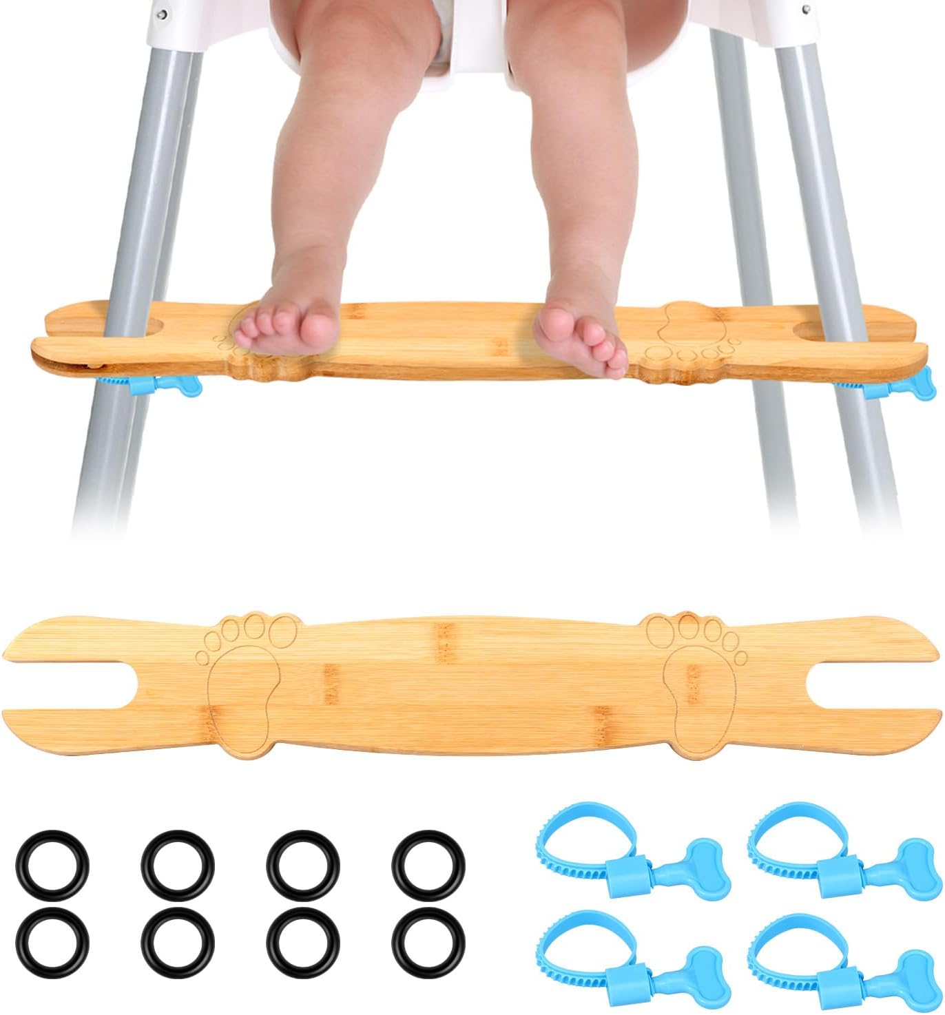 2 Pcs Baby High Chair Footrest Adjustable Height Non-Slip Baby Pedal Sturdy Structure Natural Bamboo with Rubber Ring Compatible for Most Highchairs (Wood-B)
