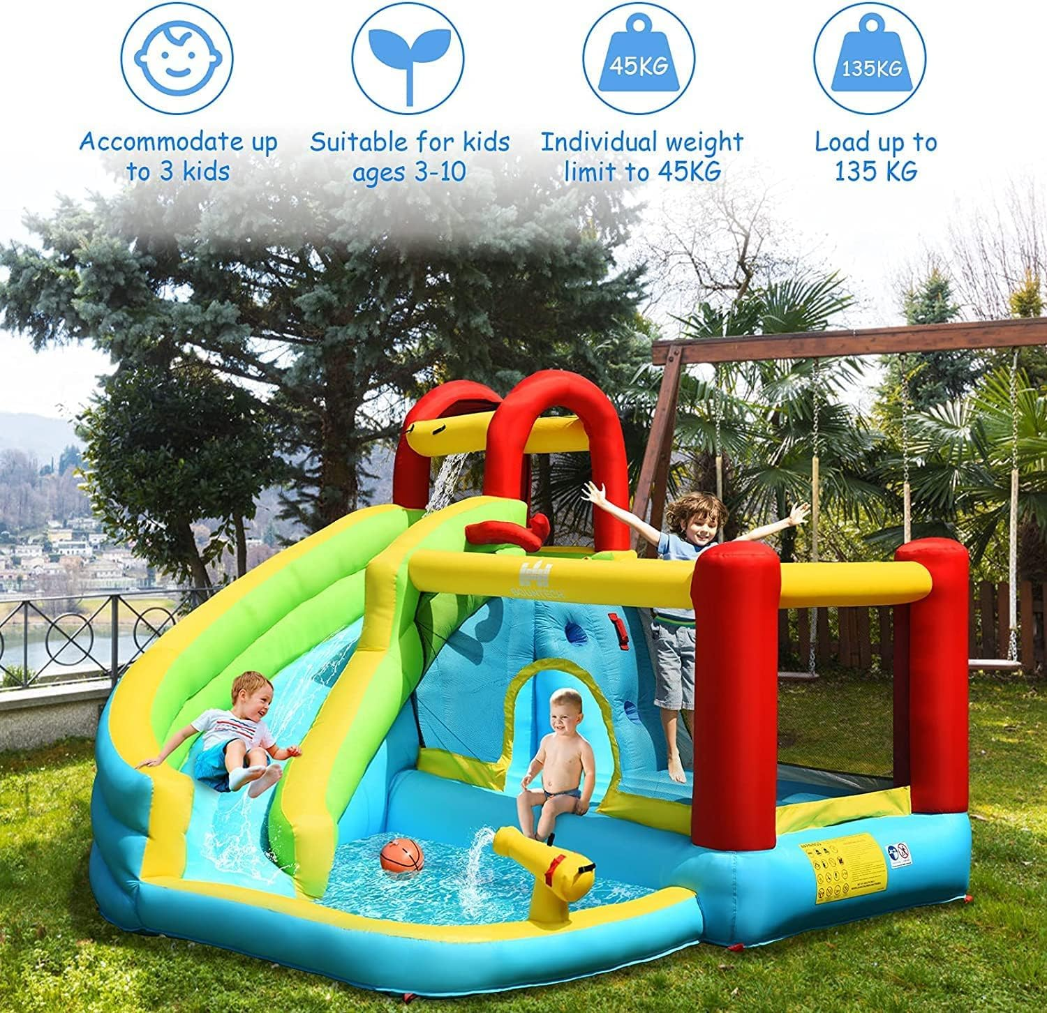 HONEY JOY 6 in 1 Inflatable Water Slide Water Park, Kids Jumping Castle Splash Pool W/Climbing Wall, Water Cannon, Basketball Hoop, Inflatable Bounce House Outdoor for Children (With 550W Blower) image number 5
