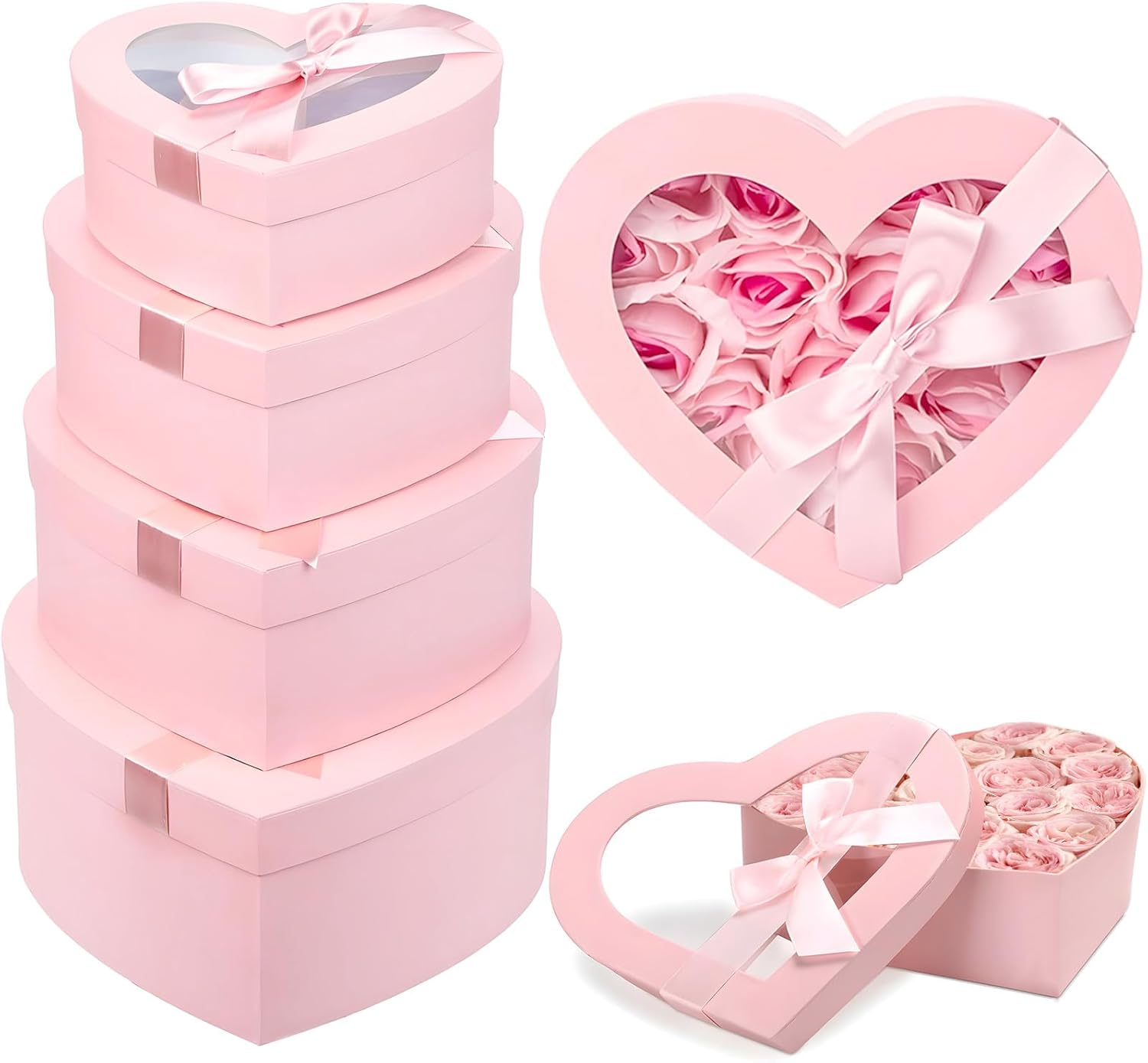 4Pcs Nesting Heart Shaped Gift Box with Clear Window Lids & Ribbons for Gifts Flower, Assorted Size Heart Gift Box Bulk for Mother'S Day Valentine'S Day Wedding Birthday Bridesmaid Proposal image number 4