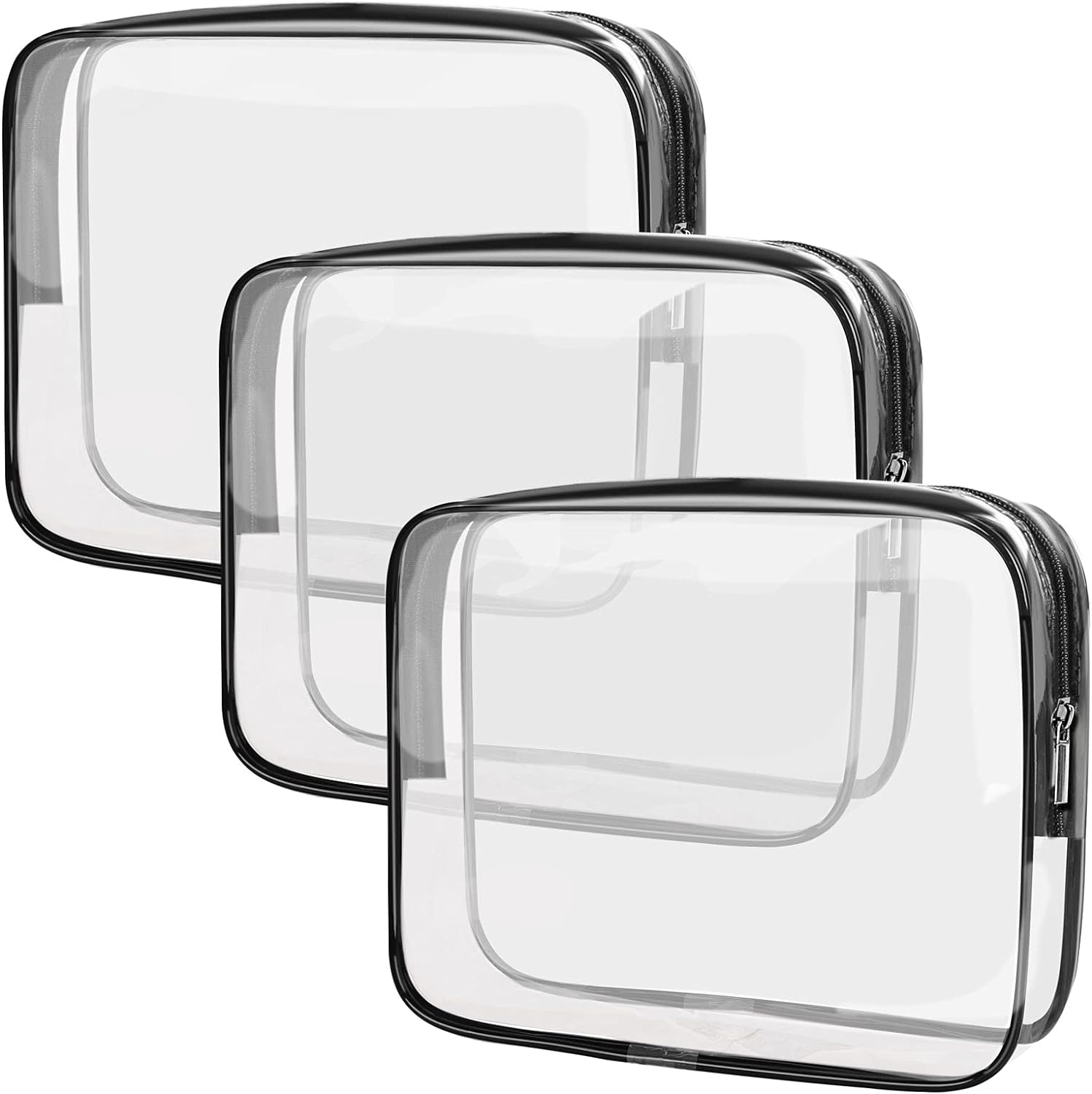 APREUTY Clear Makeup Bags, TSA Approved 3 Pcs Cosmetic Makeup Bags Set Clear PVC with Zipper Handle Portable Travel Luggage Pouch Airport Airline Vacation Organization (Black)