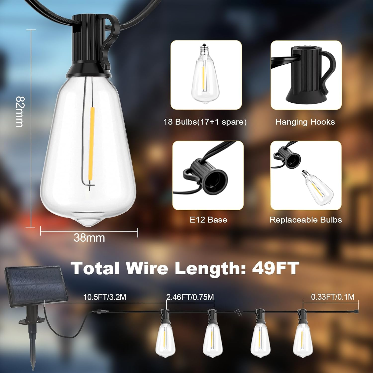 Spacelumen 15M Outdoor Festoon Lights Solar Powered, outside Patio String with 3 Modes & 17+1 ST38 Edison Bulbs Shatterproof, Solar String Lights Outdoor Garden for outside Garden Backyard image number 5