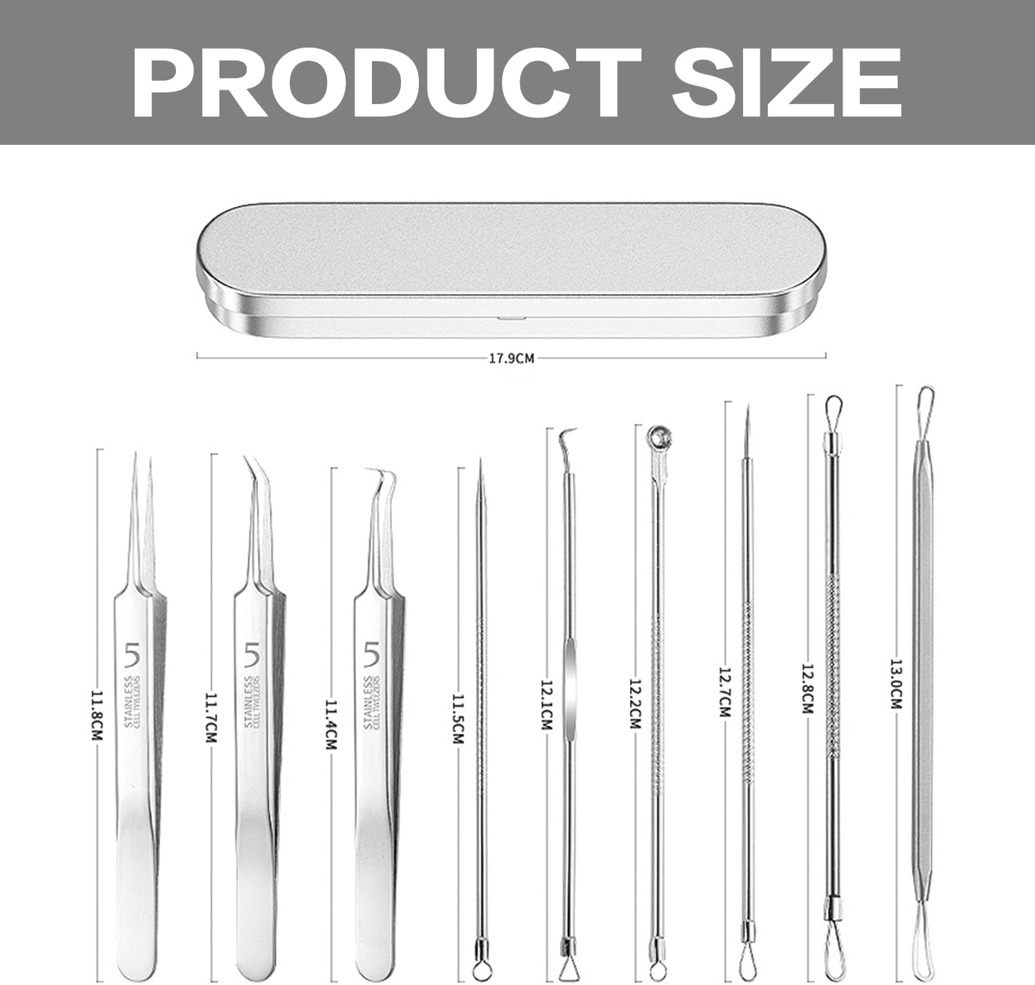 Aiokuo 15-Piece Blackhead Remover Tool Kit with Mirror &ndash; Stainless Steel Pimple Extractor Set with Metal Storage Case, Facial Care Tools for Removing Blackheads and Whiteheads (Silver) image number 3