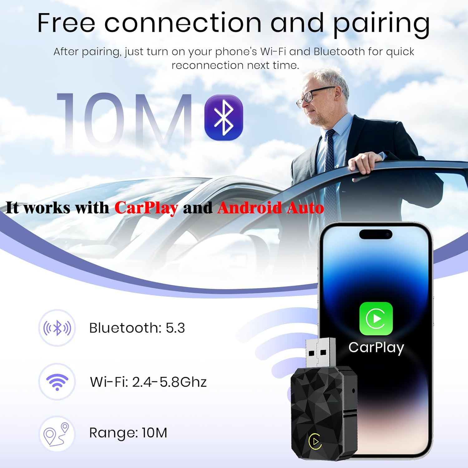 Vervex Upgraded Wireless Carplay Adapter 2025, Convert Wired to Wireless for Carplay＆Android Auto, Car Play Adapter for Lphone Mini Small Size, Usb/Type-C Plug and Play with Los Android 10+ image number 4