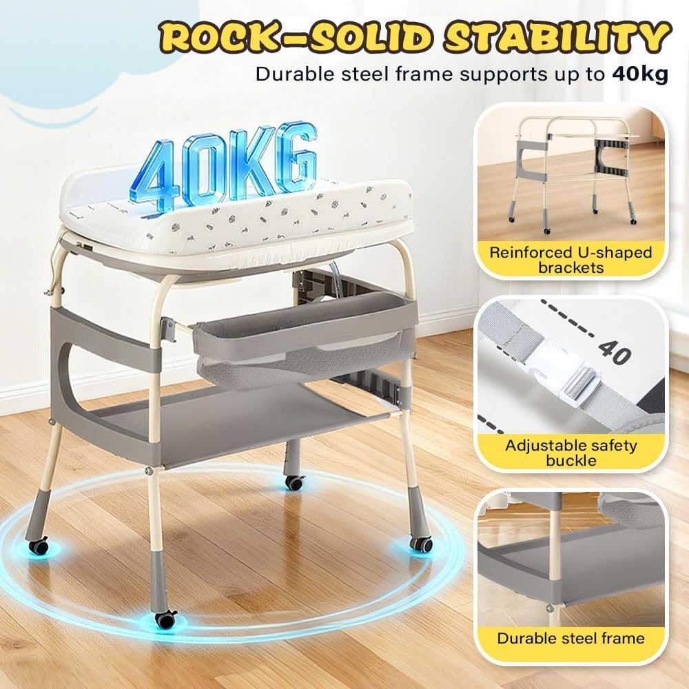 Playpals 2-In-1 Baby Change Table & Baby Bathtub, Adjustable Height Changing Station with Storage Basket & Safety Belt, Mobile Nursery Diaper Changing Table for Baby, Newborn (Grey) image number 6