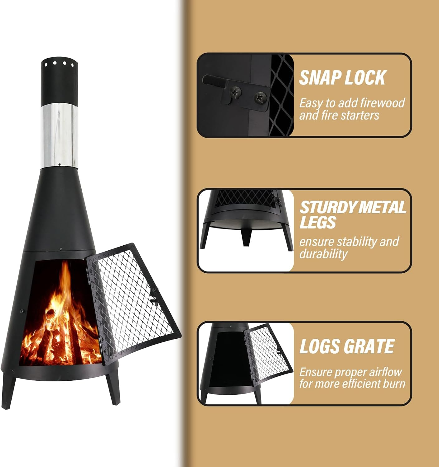 BDL Chiminea Outdoor Fireplace Outdoor Wood Burning Fire Pit Free Standing Fireplace with Log Grate, Mesh Screen for Patio, Backyard, Garden-Black image number 4