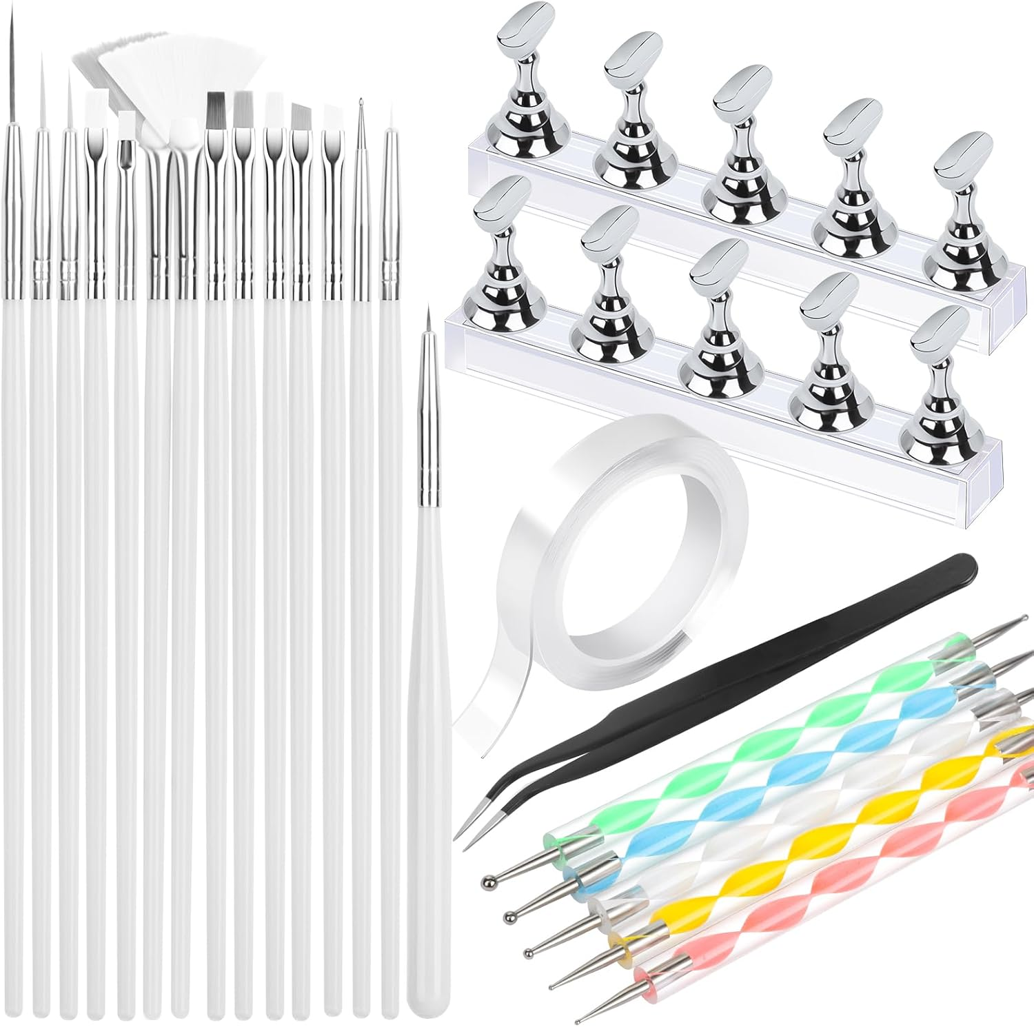 FANDAMEI Nail Art Tools, Nail Brush, 15 PCS Nail Art Brushes, 5 PCS Nail Dotting Tool, Nail Stand, Nail Holder for Painting Nails, Nail Tools, Nail Design Tools, Black