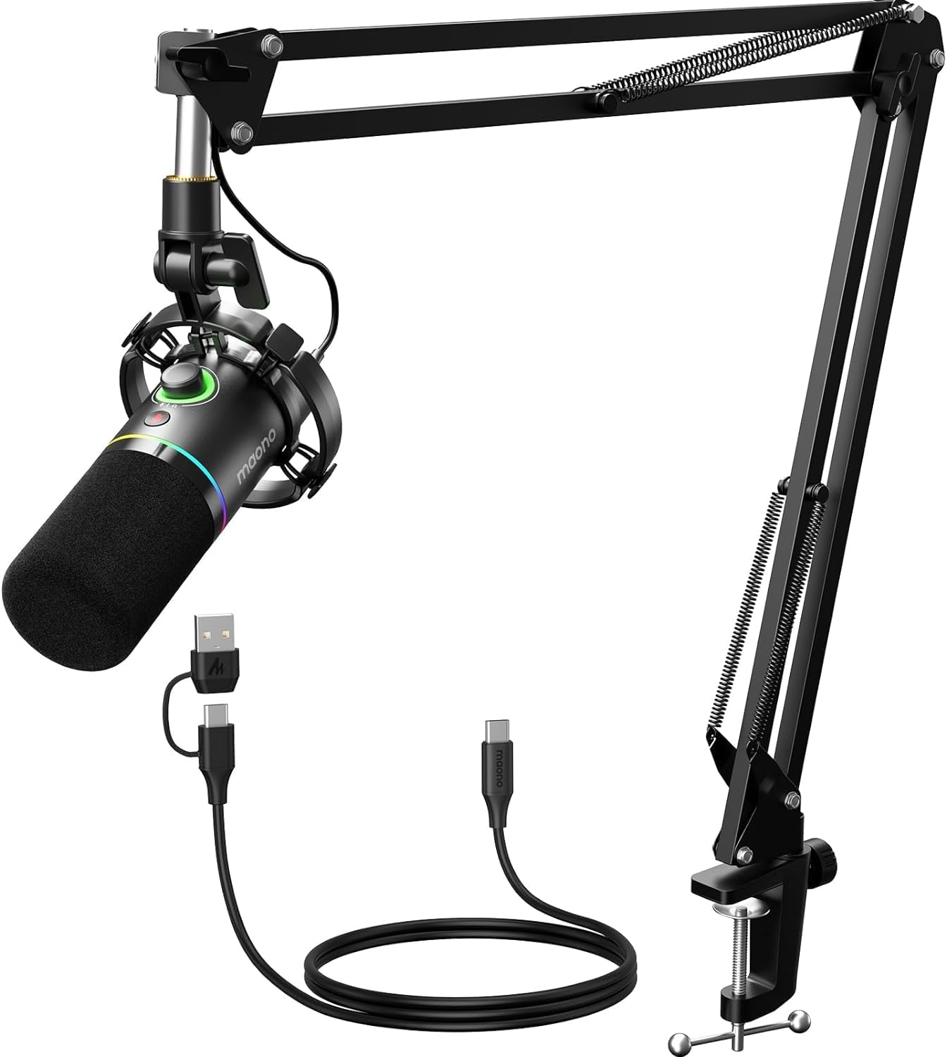 MAONO XLR/USB Dynamic Microphone Kit, RGB Podcast Mic with Software, Mute, Gain Knob, Volume Control, Boom Arm for Streaming, Gaming, Voice-Over, Recording-Pd200Xs Black image number 5