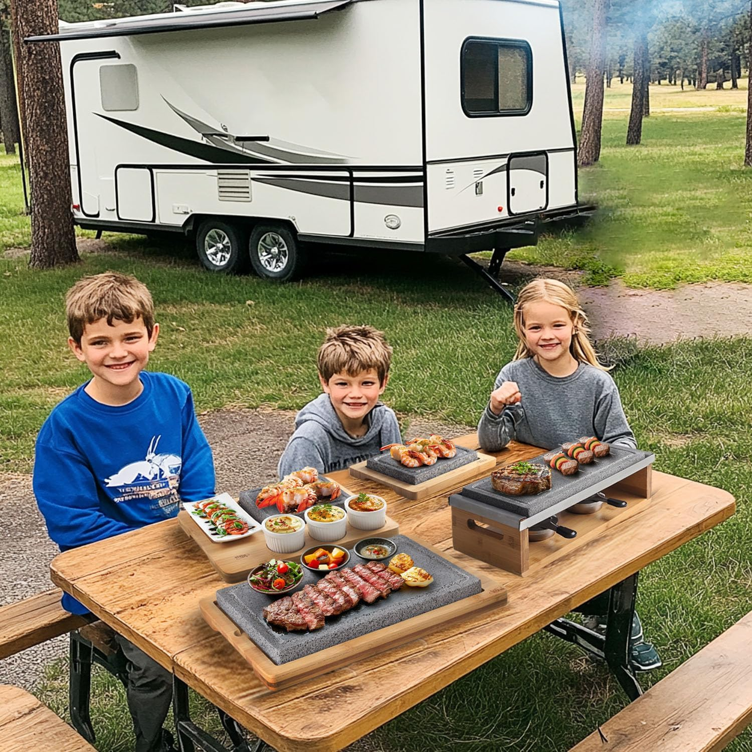 Artestia Volcanic Lava Rock Cooking Stones for Steak - 2-Piece 8.46&times;6.49In Stone with 1 Bamboo Tray, 3 Sauces Bowls, Grill & BBQ Hot Stones for Indoor Outdoor Use - Upgraded Version image number 3