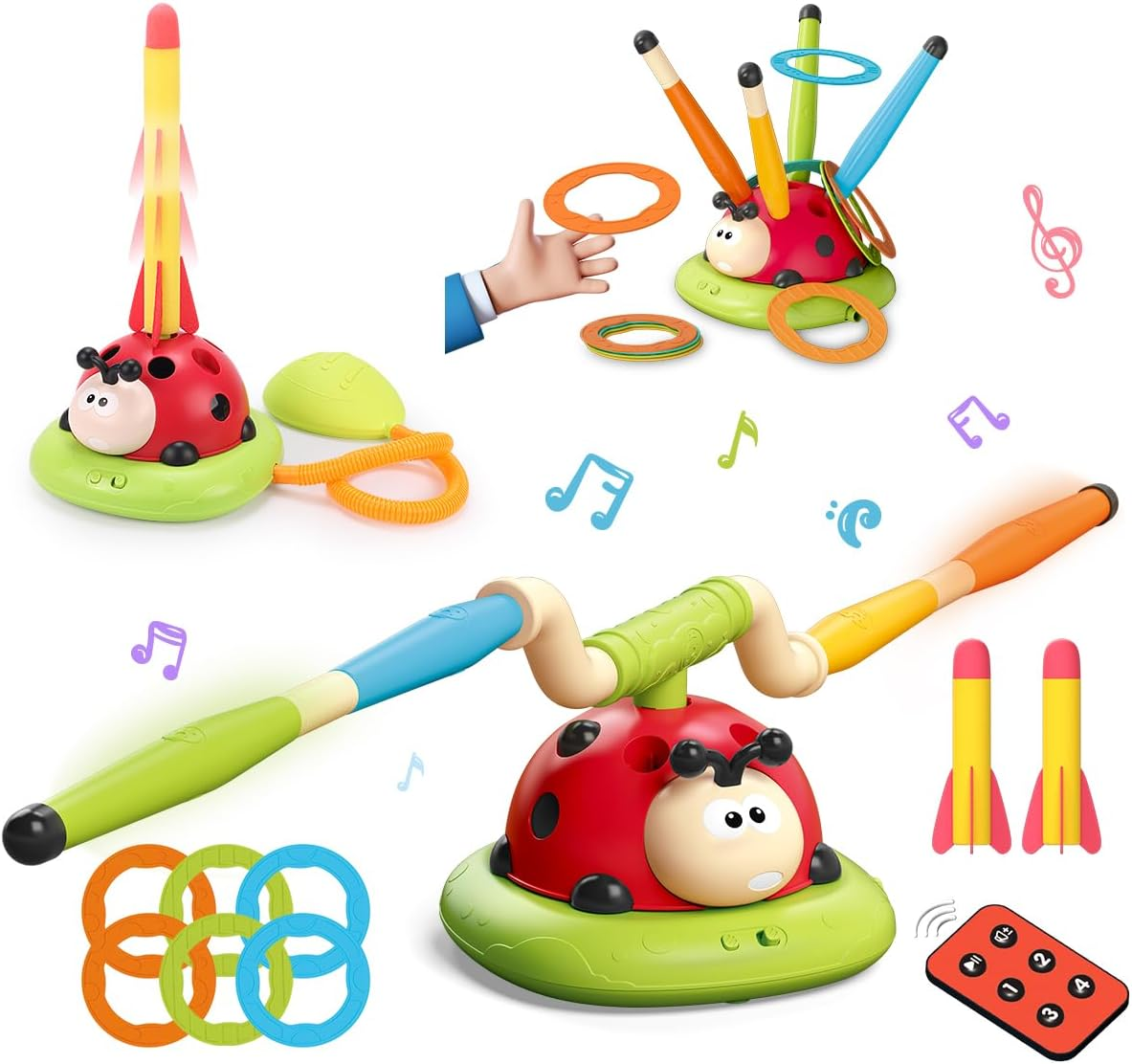Indoor Outdoor Toy for Kids Ages 3+, 3 in 1 Rocket Launcher/Musical Jump/Ring Toss Game with Remote Control and Music, Birthday Gifts for 3-8 Year Old Boys Girls