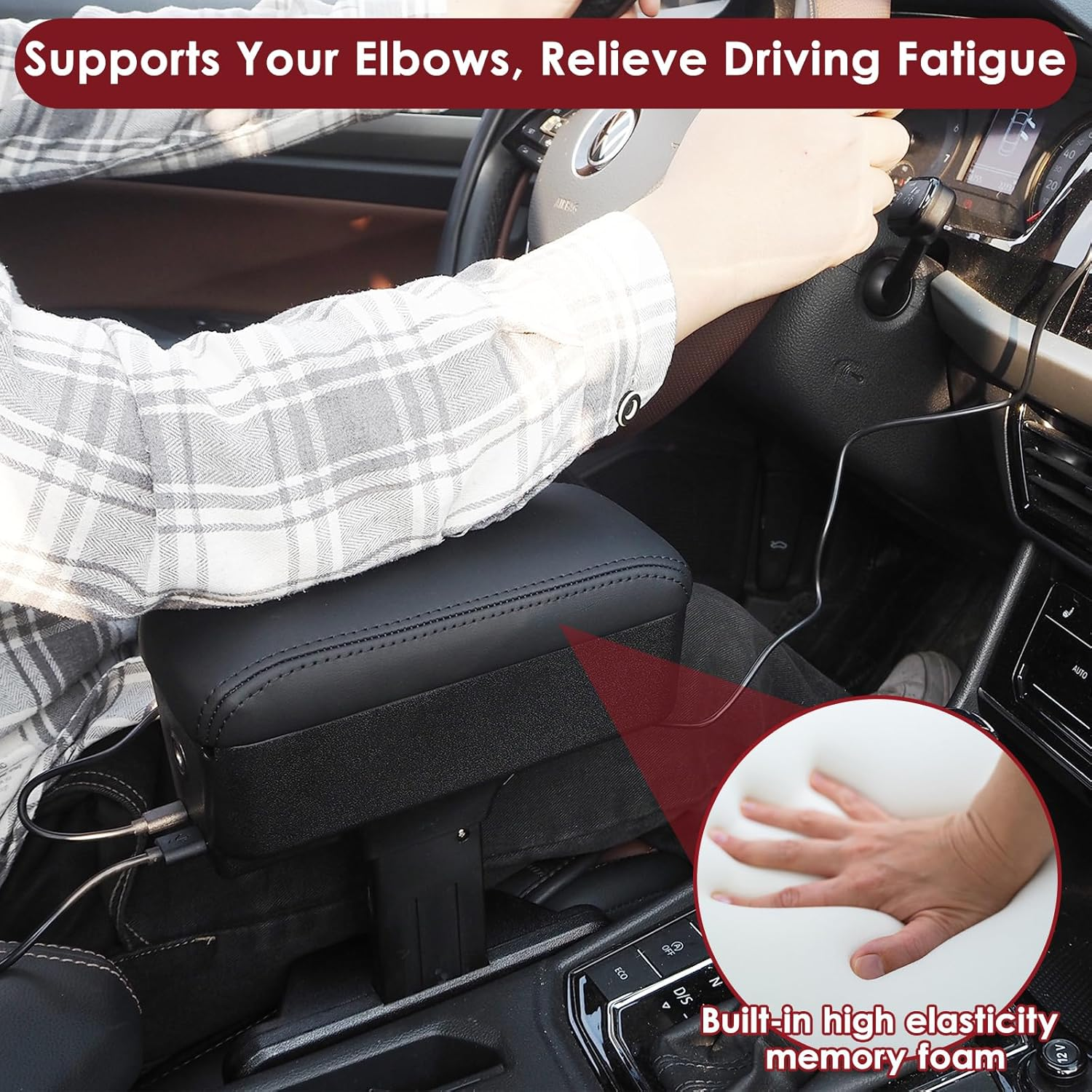 Upgrade Car Leather Armrest Expander Support Elbow Rest Pad, Universal Auto Armrest Box Gap Filler Organizer, Adjustable Height, with Cup Holder, Arm Rest Car Interior Accessories (Black) image number 3