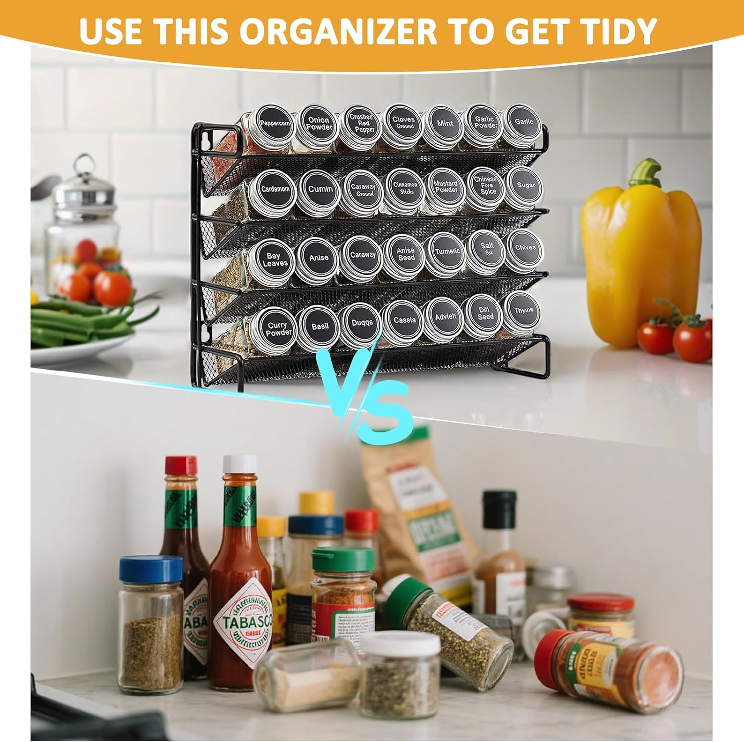 UPAUS Spice Rack Organizer with 28 Spice Jars, 180 Spice Labels, Chalk Marker, Bottle Brush and Funnel Set for Cabinet, Countertop, Pantry, Cupboard or Door & Wall Mount, 4 Tier, 34.5Cm W &times; 26.7Cm H image number 6