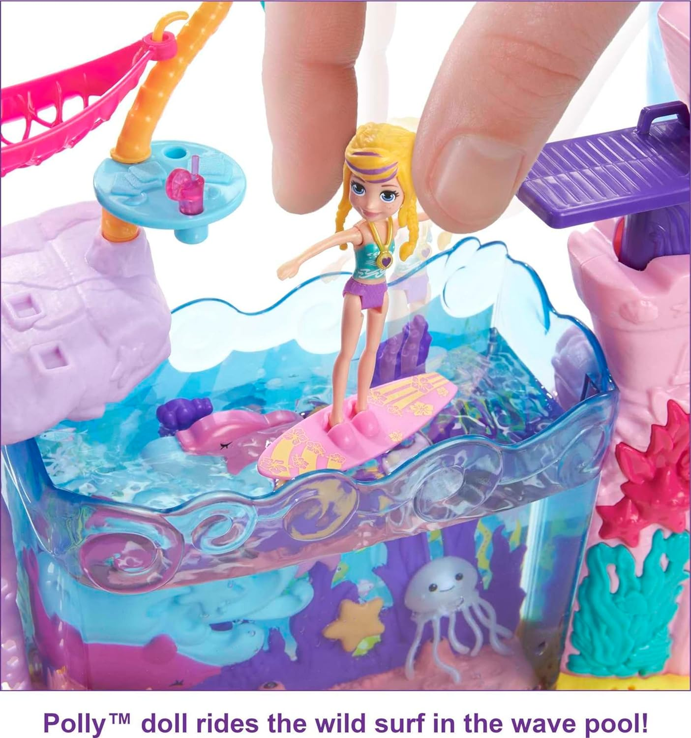 Polly Pocket ​ Sea & Swim Adventure Playset, 3-In/7.62-Cm Polly Doll, Water Tank Feature, Fun Water Activities & Accessories, Snorkel, Fins, Surfboard & More, Great Gift for Ages 4 Years Old & Up image number 3