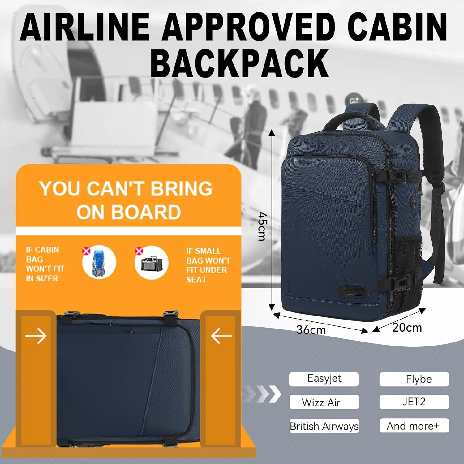 Yankony for Ryanair Cabin Bags 40X20X25 Underseat Cabin Bag, Small Travel Backpack Cabin Size Carry on Hand Luggage Bag for Airplanes, Multiple Pockets Comfort Rucksack 20L for Men and Women image number 5