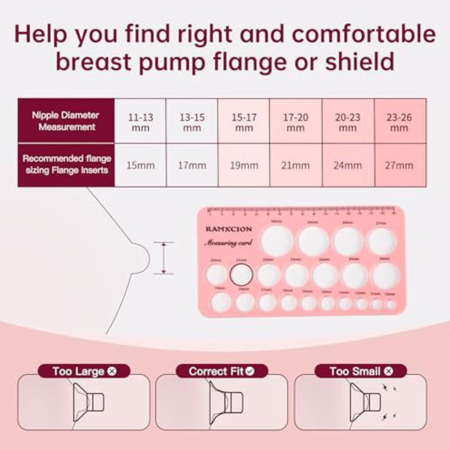 Flange Sizing Kit, 10PCS Soft Silicone Flange Inserts 13/15/17/19/21Mm & Nipple Measurement Ruler Tool for 24Mm Most Pumps, Breastfeeding Essentials for Moms image number 4