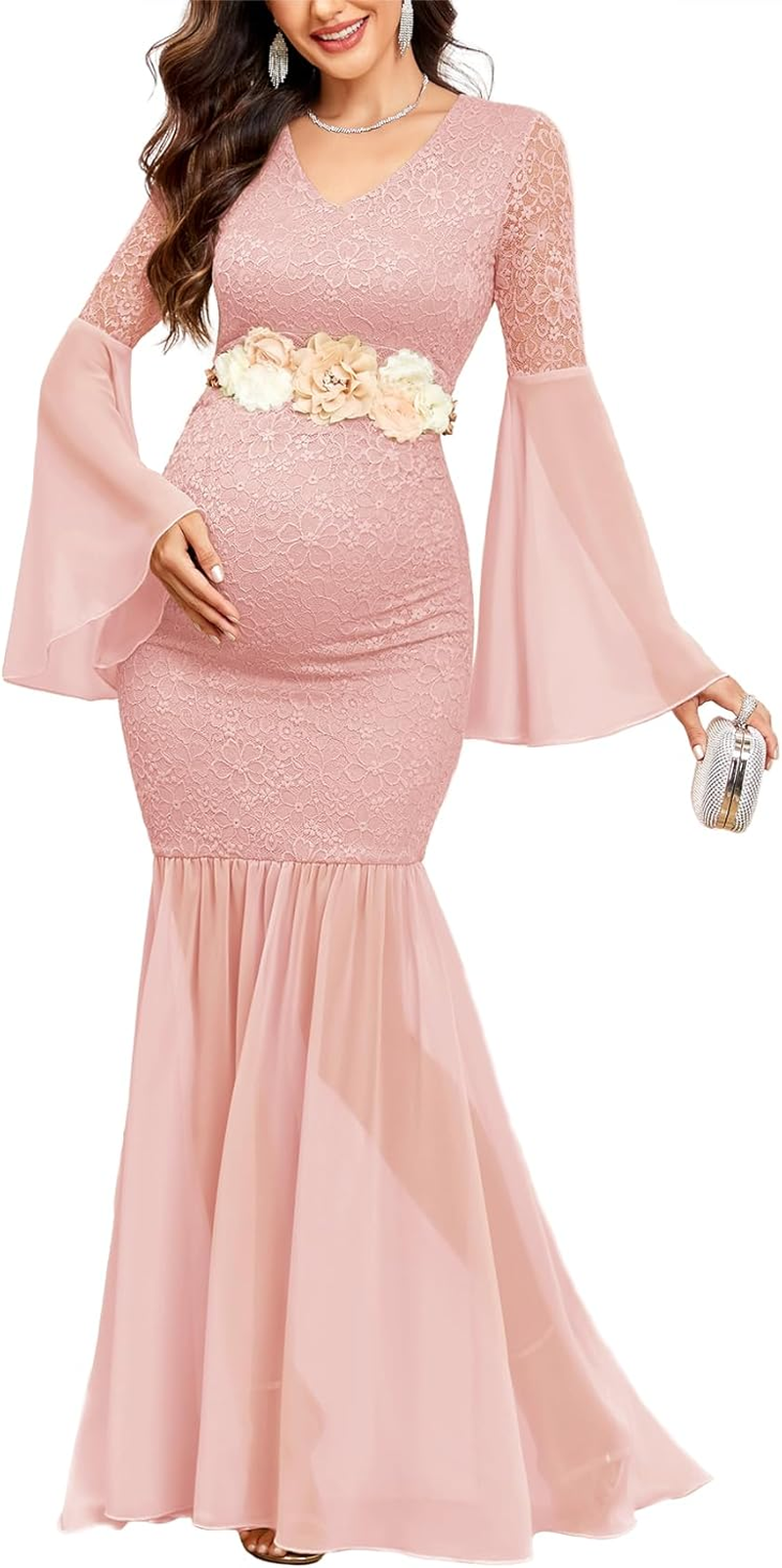 Maternity Dress Baby Shower Long Bell Sleeve Floral Lace Contrast Chiffon V-Neck Mermaid Pregnancy Photoshoot Gown image number 6