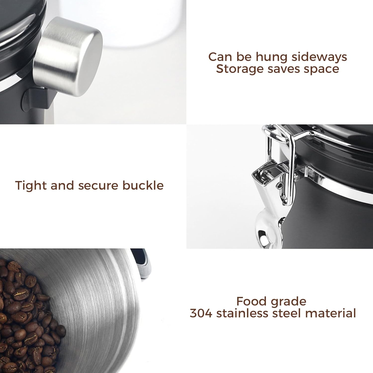 1.8L/60Oz Large Stainless Steel Coffee Canister，With Airtight Seal BPA Free Silicone Lid for Fresh Coffee Bean Storage Coffee Container Includes Coffee Spoon Ideal for Tea Sugar and Grains（Black） image number 1