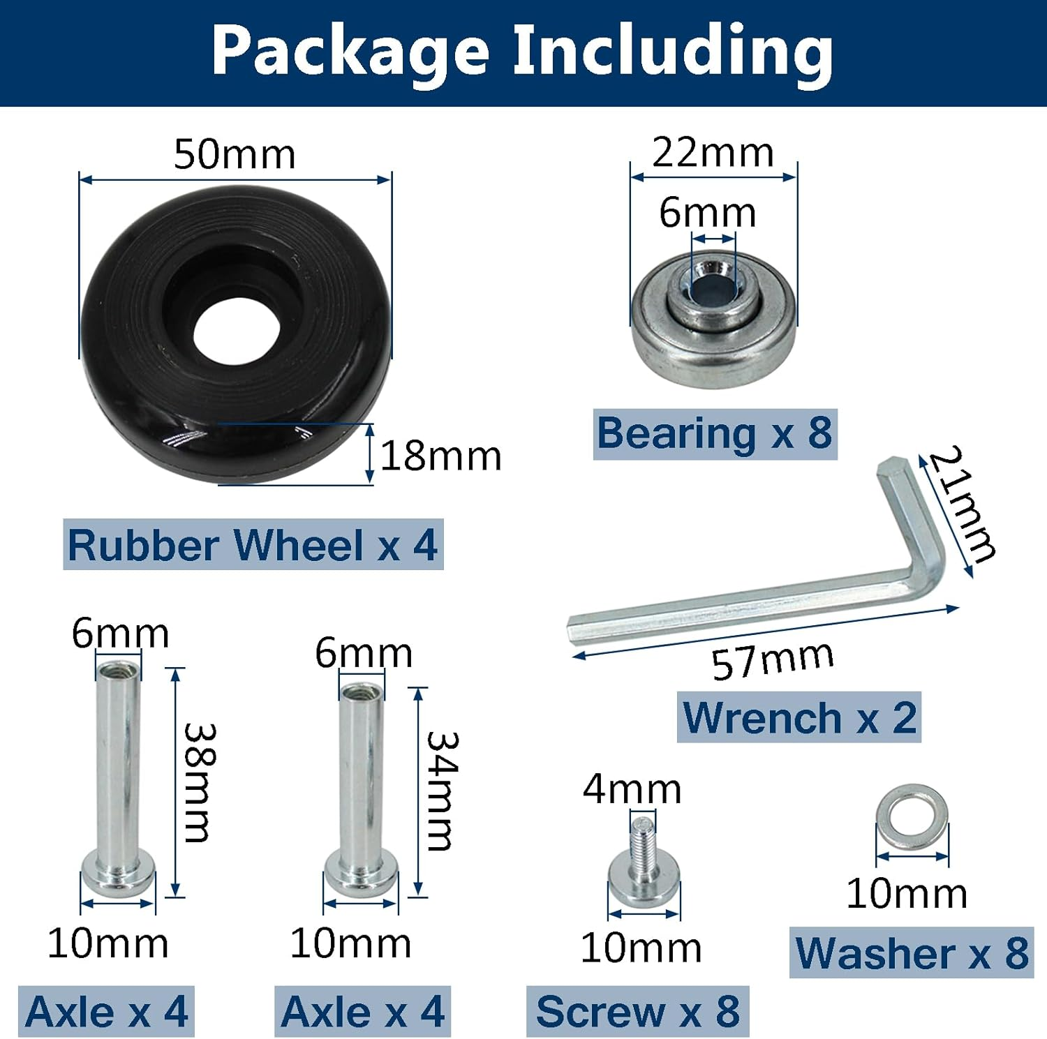 Acbbmns 4 Pcs Luggage Suitcase Replacement Wheels 50Mm X 18Mm, Rubber Wheel with 6Mm Bearing 36Mm 38Mm Axles Screw Washers Wrenches Repair Set image number 2