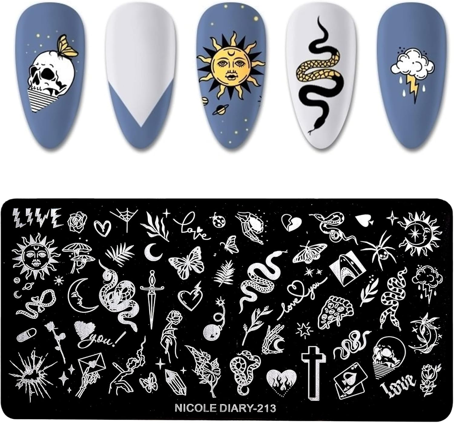 NICENEEDED Punk Style Nail Art Stamping Template, Tarot Cross Snake Butterfly Image Nail Plates Nail Supplies, 1Pc Mix Pattern Vintage Nail Templates for Printing Stencil Tools image number 5