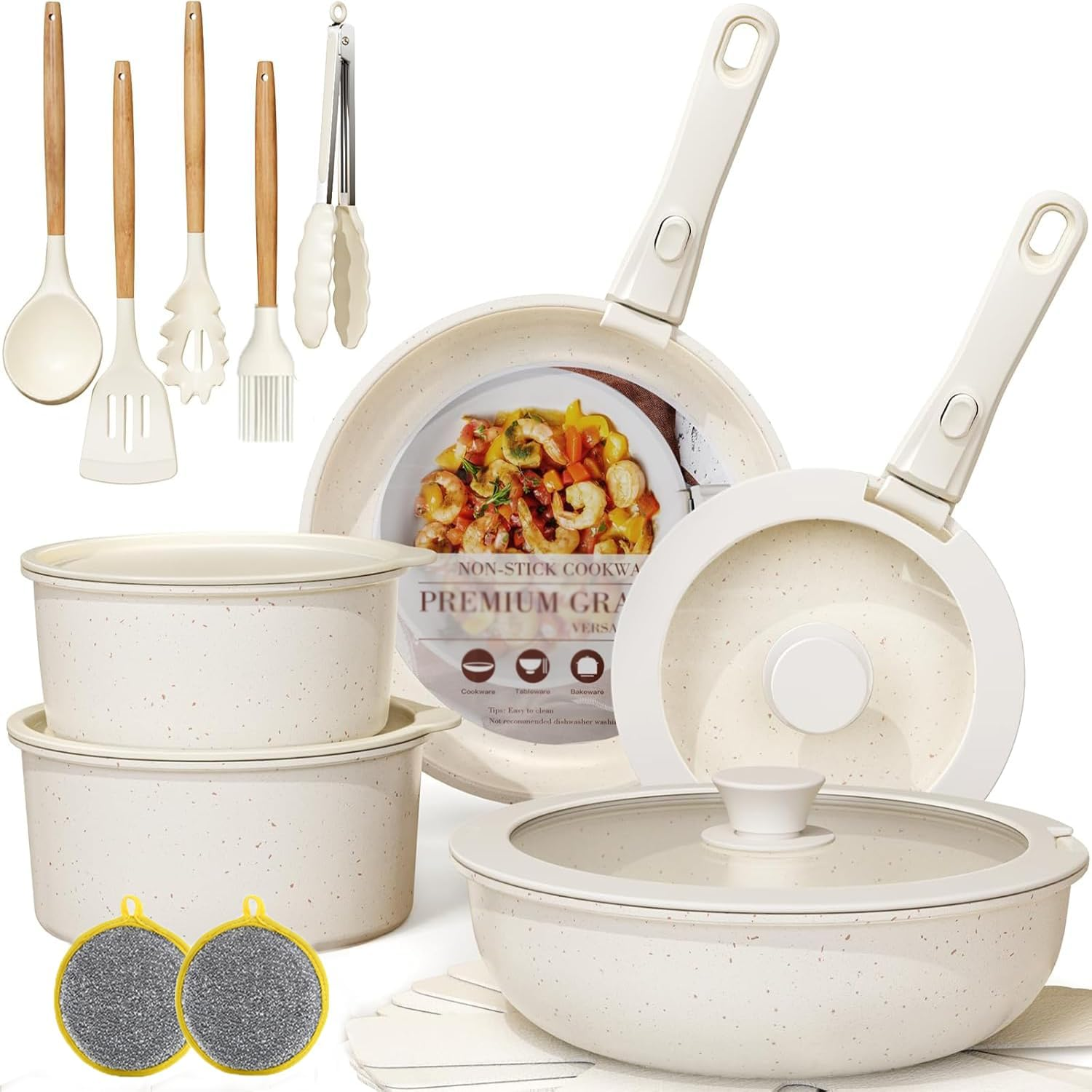 22 Piece Pots and Pans Set, Nonstick Cookware Sets Removable Handles, Cream Induction Cookware Non Stick Cooking Set W/Frying Pans & Saucepans(Pfos, PFOA Free)