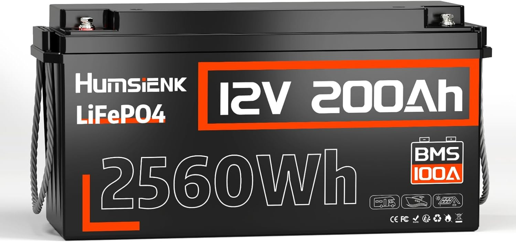 12V 200Ah Lifepo4 Battery, 2560Wh Lithium Battery, 15000 Cycles, 100A BMS, RV Marine Off-Grid image number 2