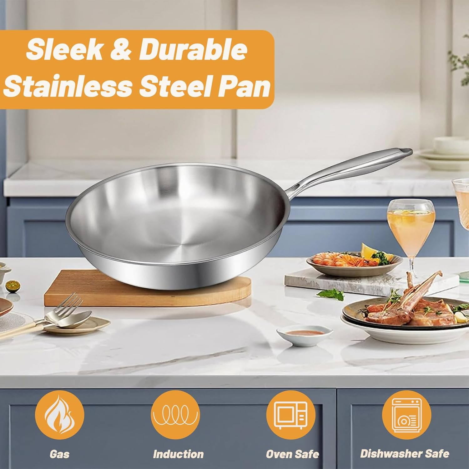 Frying Pans Stainless Steel - 24 Cm Tri-Ply Impact Frypan, Large Induction Uncoated Frying Pan, Dishwasher Safe Open Skillet with Stay-Cool Handle, Kitchen Cookware Works on All Cooktops image number 6
