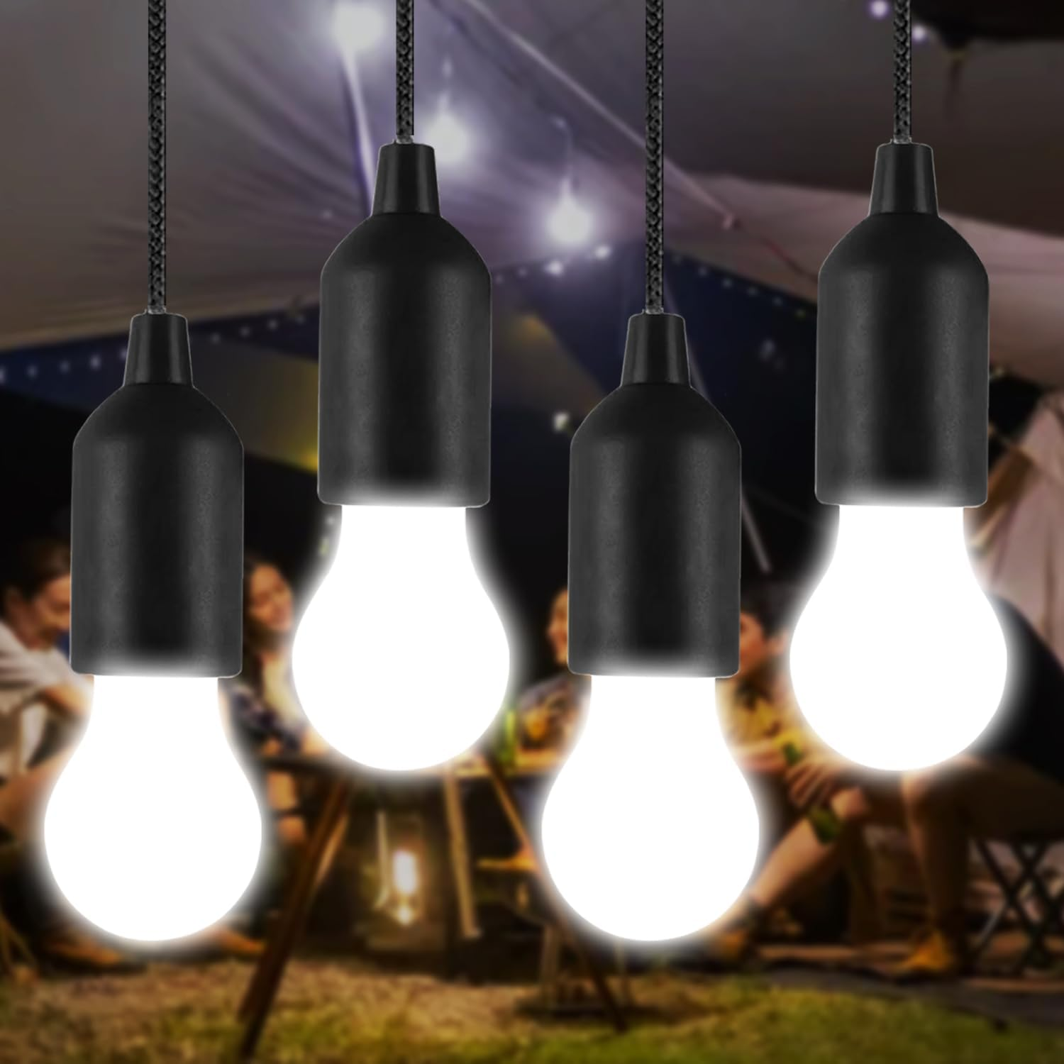 LED Pull Cord Light Bulb 4 Pack, LED Camping Lantern Lights Hanging Tent Lamp Light Bulbs for Camping, Hiking, Home Decor, Hurricane Emergency, Storms, Outages and More (4Pcs Black)
