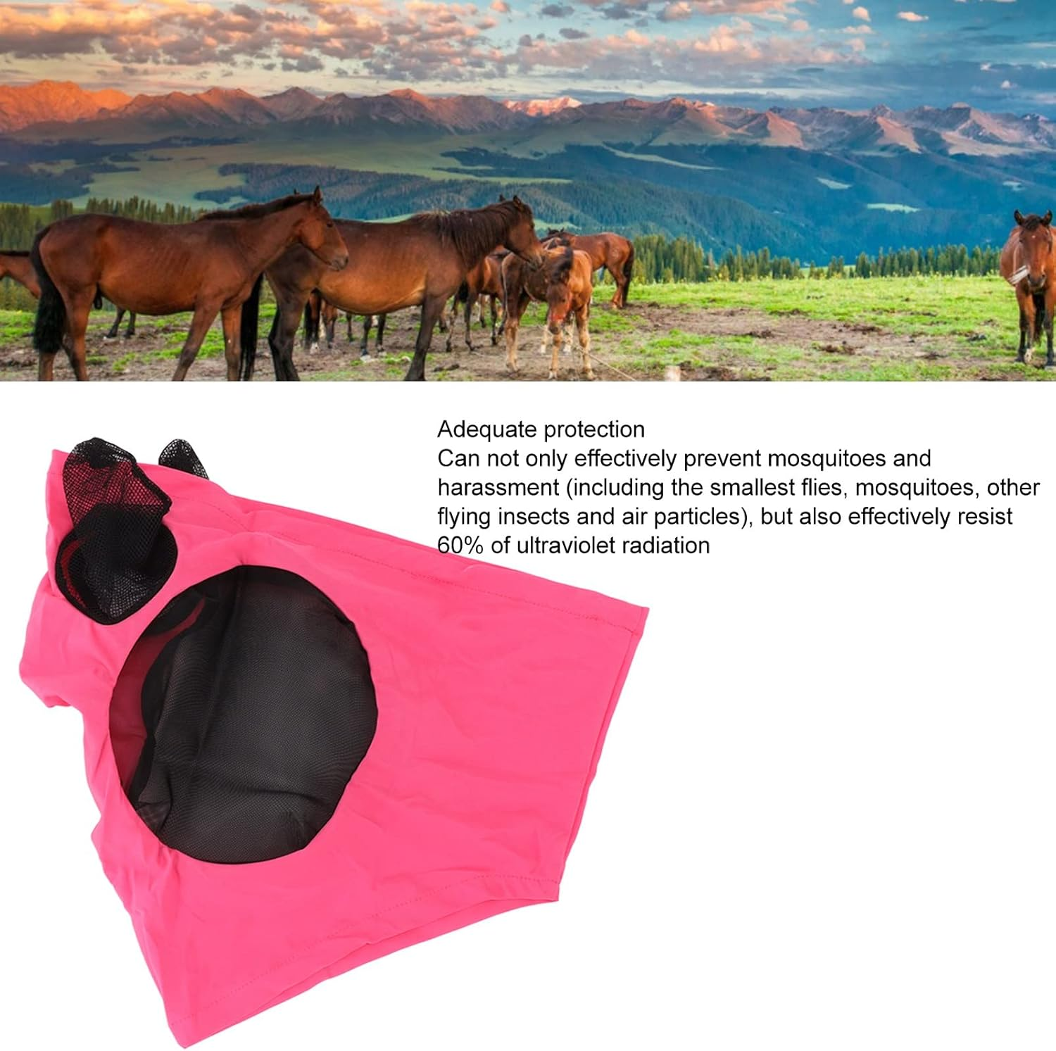 Breathable Horse Mesh Fly Mask with Ears, Elastic Equestrian Face Mask for Horses, Sunlight Protection & Fly Protector (Rose) image number 6