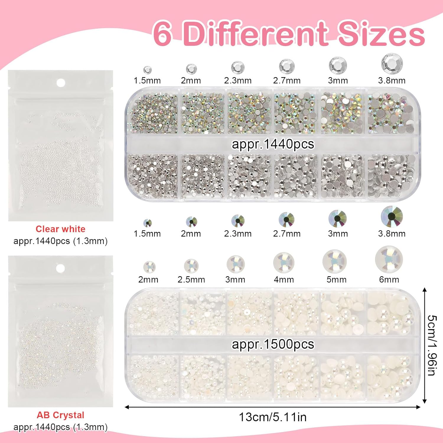 5820 Pieces Rhinestones Nails, Glitter Stones Nails and Semicircular Beads, AB Crystal Rhinestones, Flatback Nail Stones with Tweezers and Pen for Nail/Diy (Multiple Sizes and Colours) image number 4