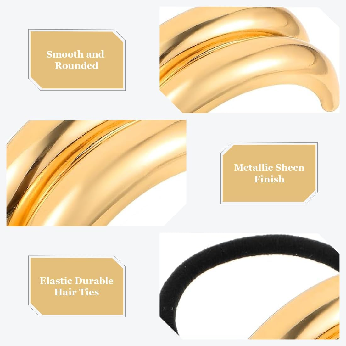 YUZNA Pack of 5 Elastic Metal Hair Bobbles for Ponytails, Thick Hair, Hair Accessories for Women (Gold)