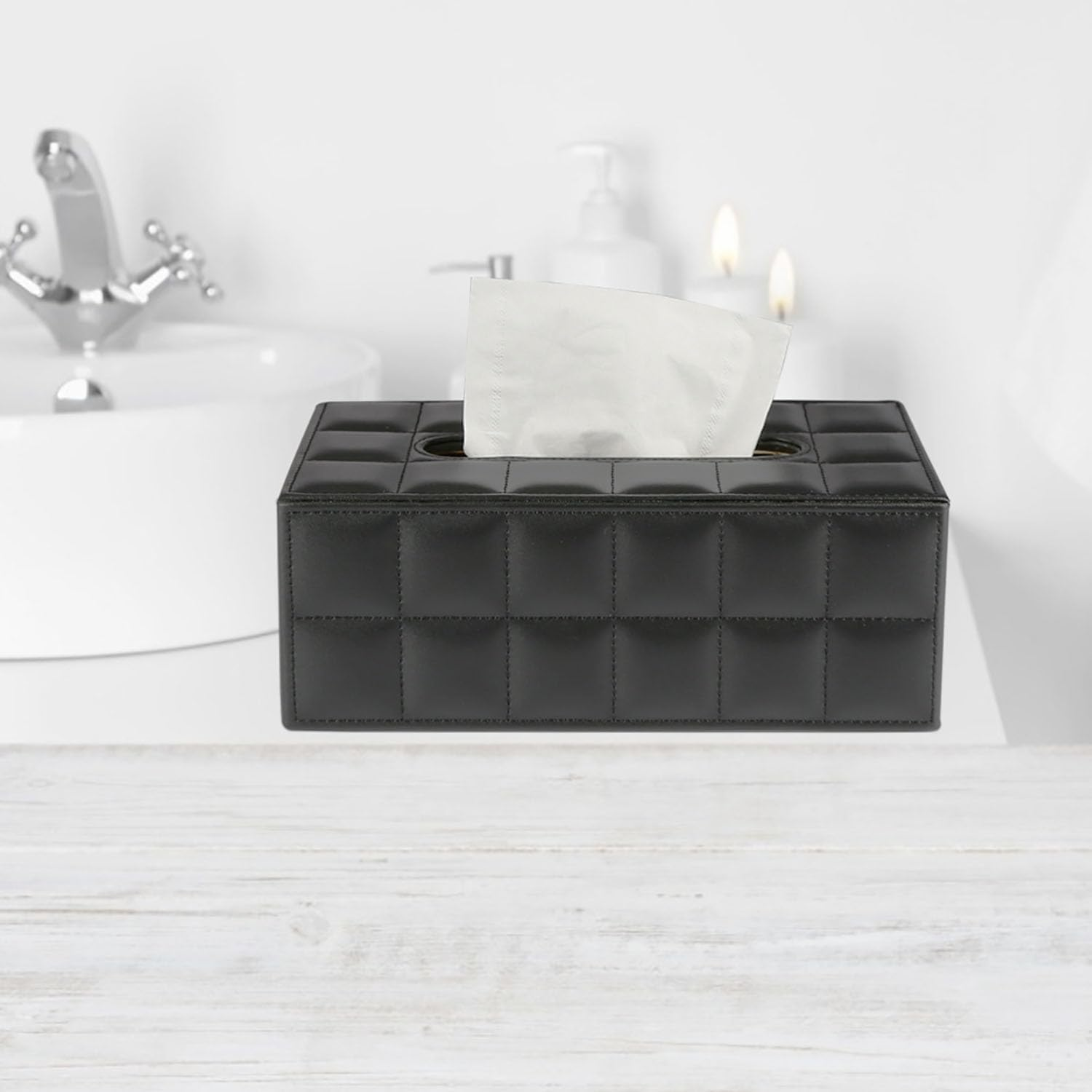 PU Leather Tissue Box Cover, Rectangle Black Tissue Box Holder for Home Decor, Office Desk & Bathroom, Fits Standard Tissue Boxes(Black) image number 2