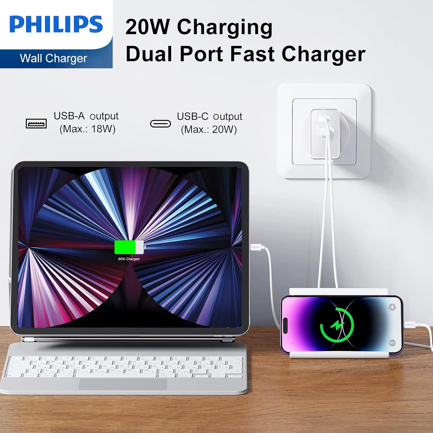 Philips USB a + USB C Wall Charger Adapter Plug 20W Dual Port Fast Charging |Safety | SAA Approved| Australia Standard| Compatible with Iphone 16/15/14/13/Pro/Pro Max| Ipad (White, 20W with C Cable)
