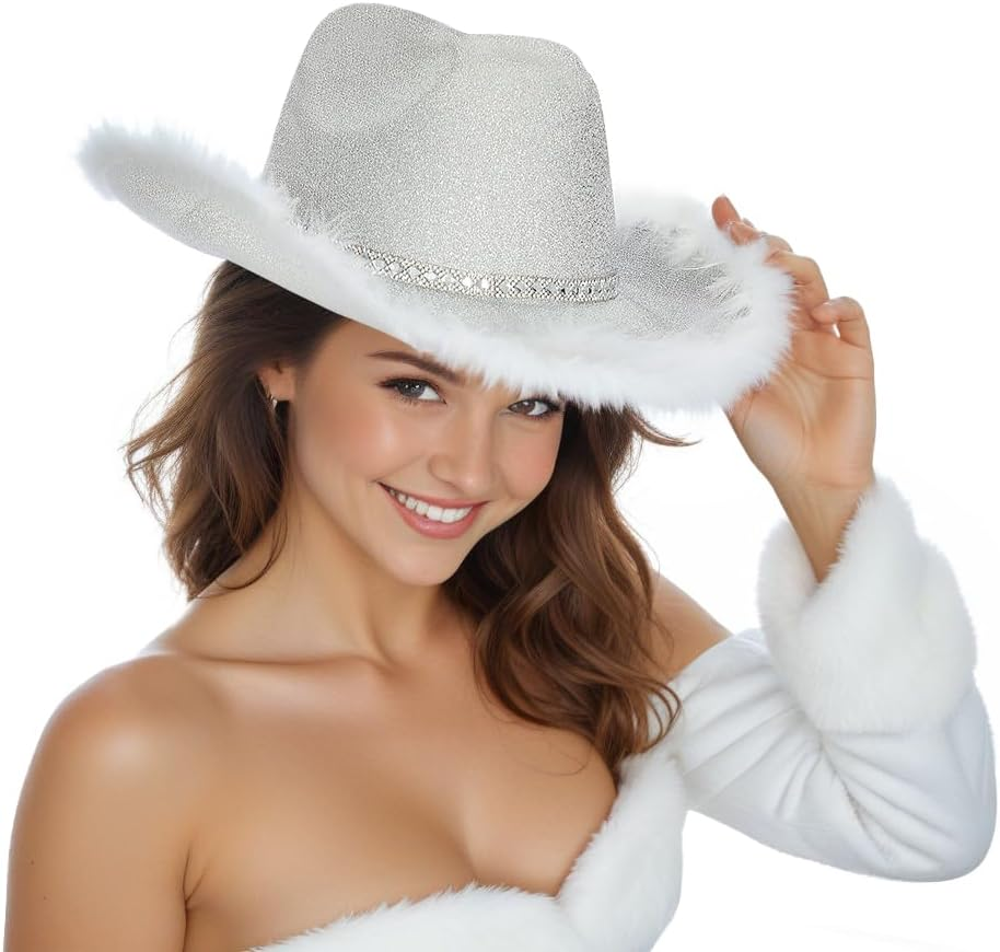 Cowboy Hat Fluffy Feather Trim Cowgirl Hat Adult Western Felt Cow Girl Hat Fancy Dress Party Halloween Cosplay Costume,Silver image number 4