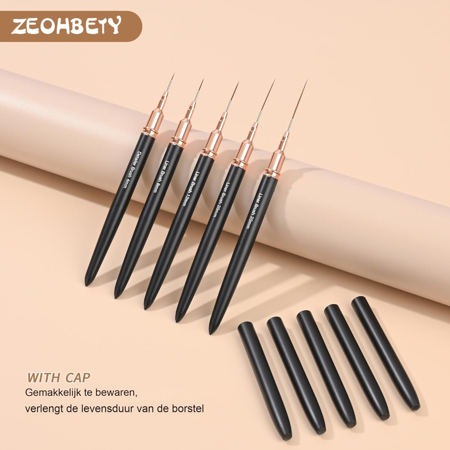 ZEOHBETY Metallic Nail Art Brushes, 5Pcs Nail Art Liner Brushes, Painting Art Design Brush Set Nail Dotting Drawing Tool for Long Lines, Thin Details, Fine Drawing Sizes 4/8/12/20/25Mm, Black image number 5