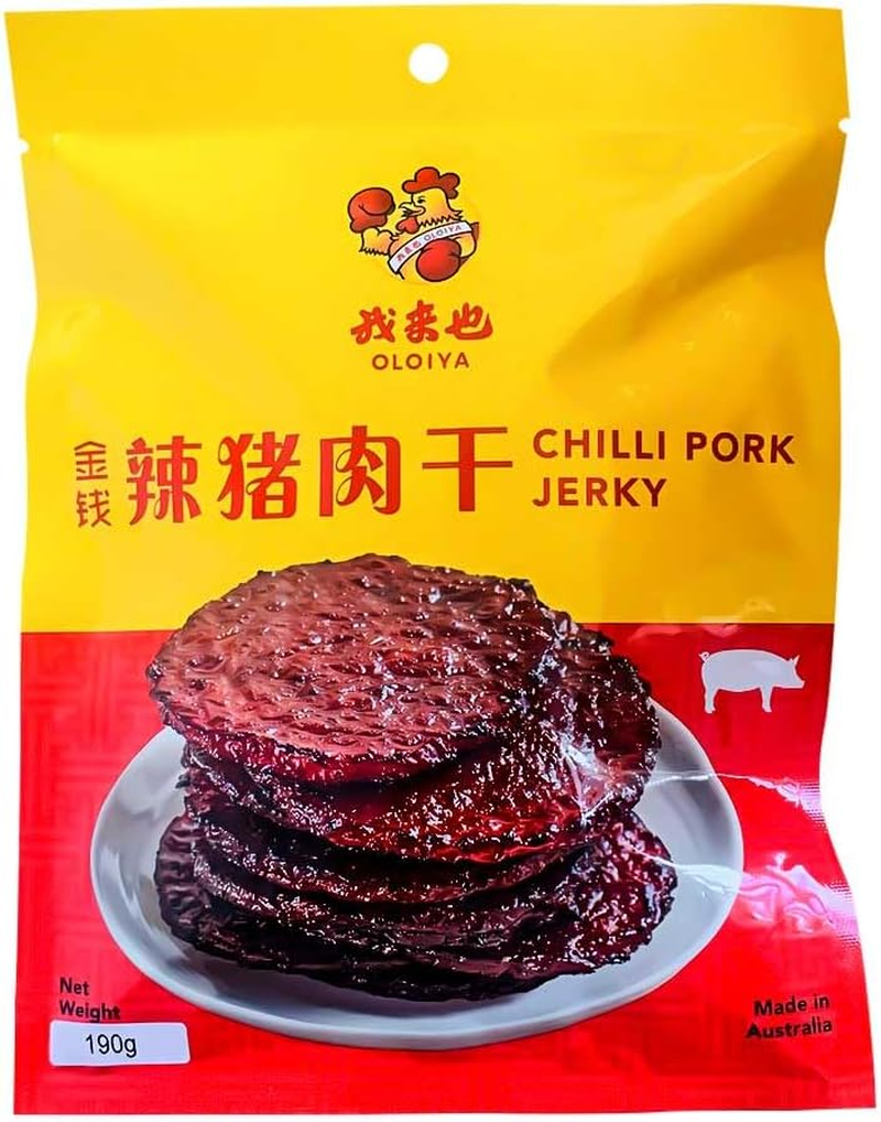 OLOIYA Chilli Pork Jerky On-The-Go Work, Trip Snack, Spicy Meat Snacks for Lunches Ready to Eat Snack - 7.9 of Protein, 190G