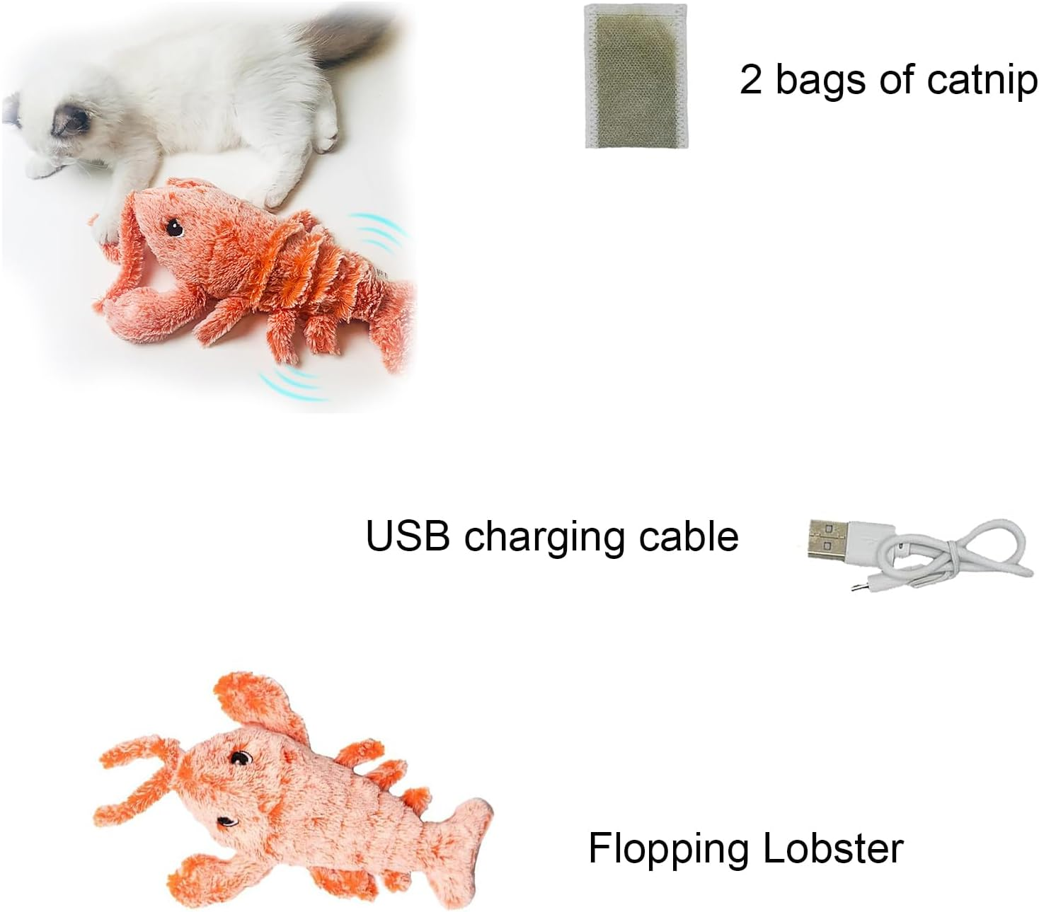 ANXINGJU NEPHEW Flopping Lobster Toy,Usb Rechargeable Washable Wiggle Lobster Toy Includes 2 Packs of Catnip for Cats up to 15 Lbs
