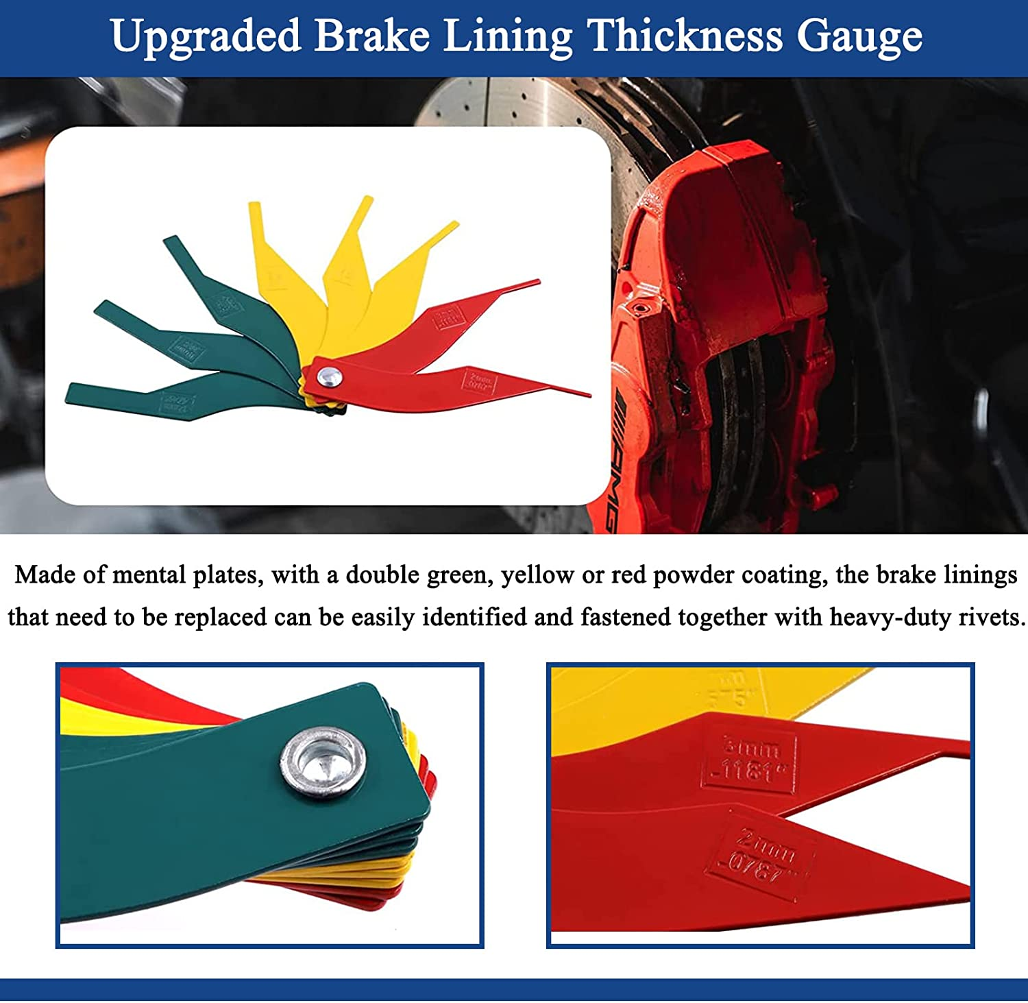 Combination Brake Lining Thickness Gauge - Upgraded Metal Brake Lining Thickness Gauge, Steel Car Automotive Brake Pad Measuring Ruler Tool/Measure Disc and Drum Brake Pads Color Coded/Sae & Metric image number 2