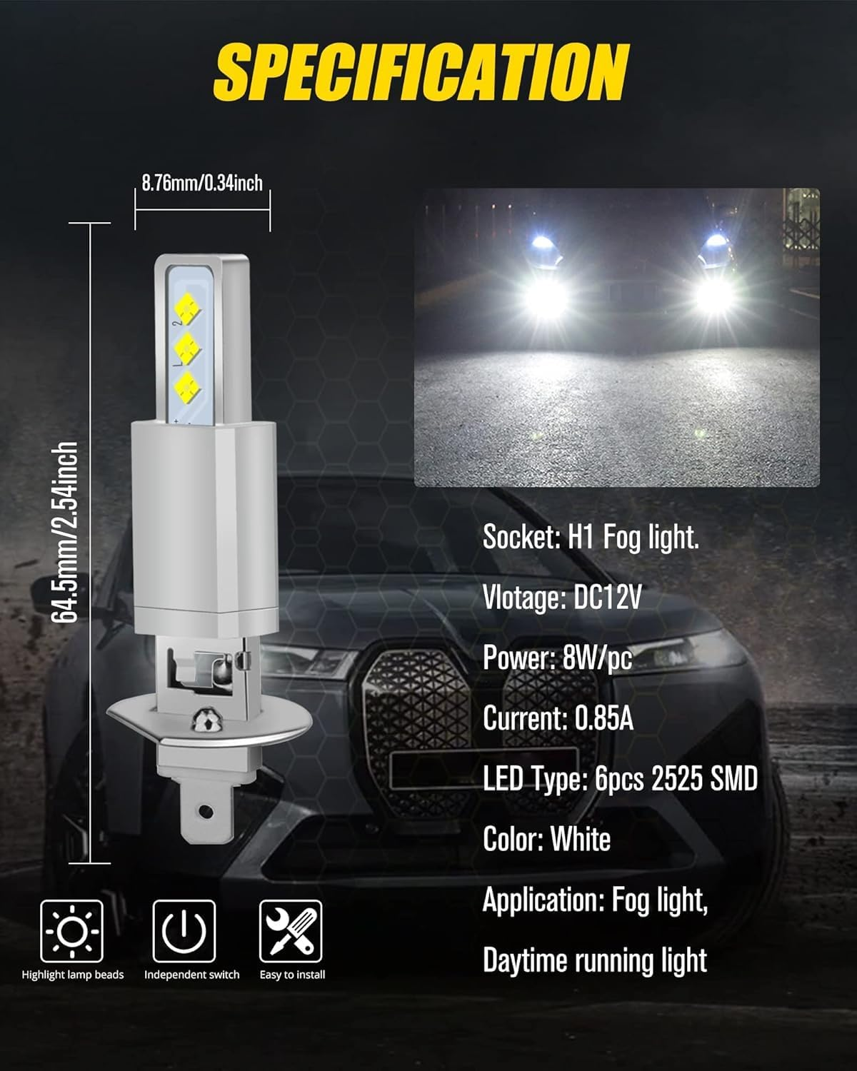 HOCOLO 2X L2 H1 6000K LED Fog Light Bulbs Set, 6000LM 6-2525-SMD Ceramic Lamp Beads, Plug and Play Fog Lamps Replace Bulb for Cars Vehicle ATV/UTV off ROAD LIGHT (White, H1) image number 2