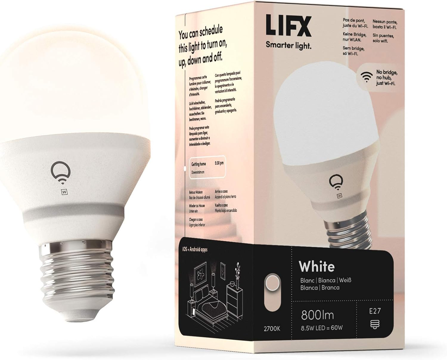 LIFX White [E27 Edison Screw], 800 Lumens, Wi-Fi Smart LED Light Bulb, Warm White, Dimmable, No Bridge Required, Compatible with Alexa, Hey Google, Apple Homekit image number 6