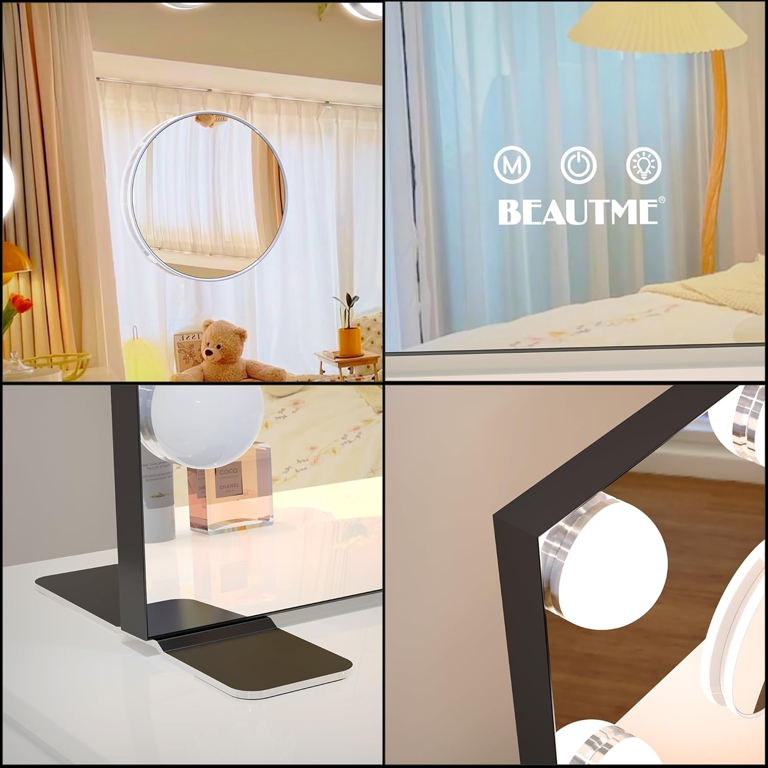 BEAUTME Vanity Mirror with Lights, Hollywood Makeup Mirror with Lights, Makeup Mirror with 16 Dimmable Led Bulbs, 3 Color Lighting Modes, Tabletop or Wall Mount, Black, 91.1&times;61.6Cm image number 1