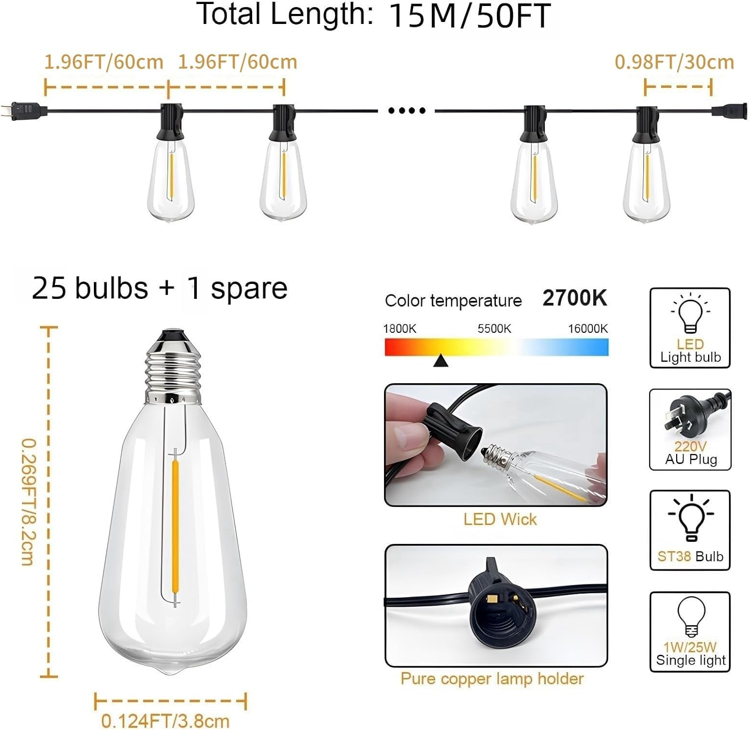 ZCOINS 15M LED Outdoor Hanging String Lights, 25 Bulbs+1 Spares LED Waterproof and Shatterproof Fairy Lights for outside Party, Garden, Balcony, Porch, Deck, Home, Backyard - 30M 50 Bulbs+2 Spare image number 6