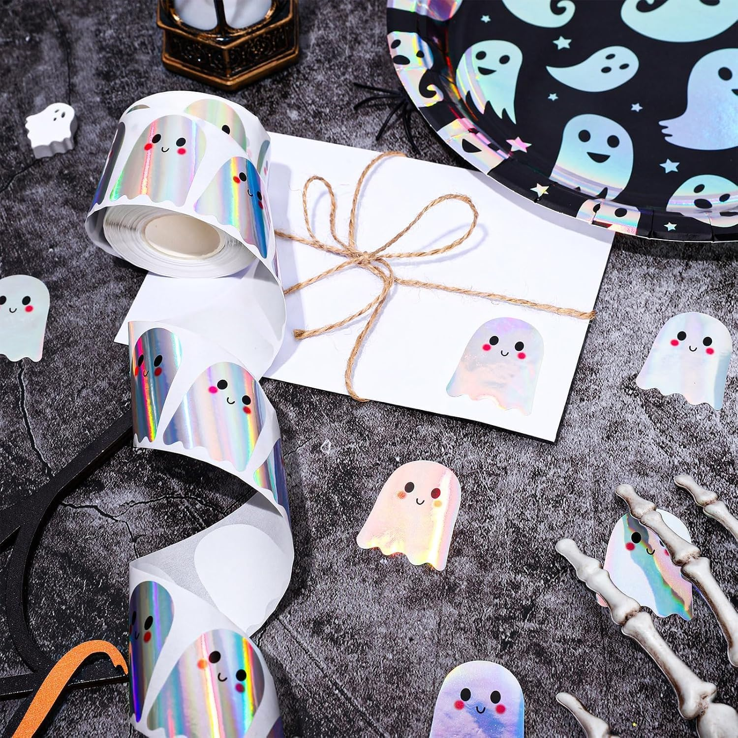 500Pcs Halloween Pholographic Ghost Stickers Rolls, 1.2" Laser Cute Boo Ghost Self-Adhesive Stickers,Waterproof Self-Adhesive Sticker Decals for Halloween Party/Gift Decor - Orange image number 5