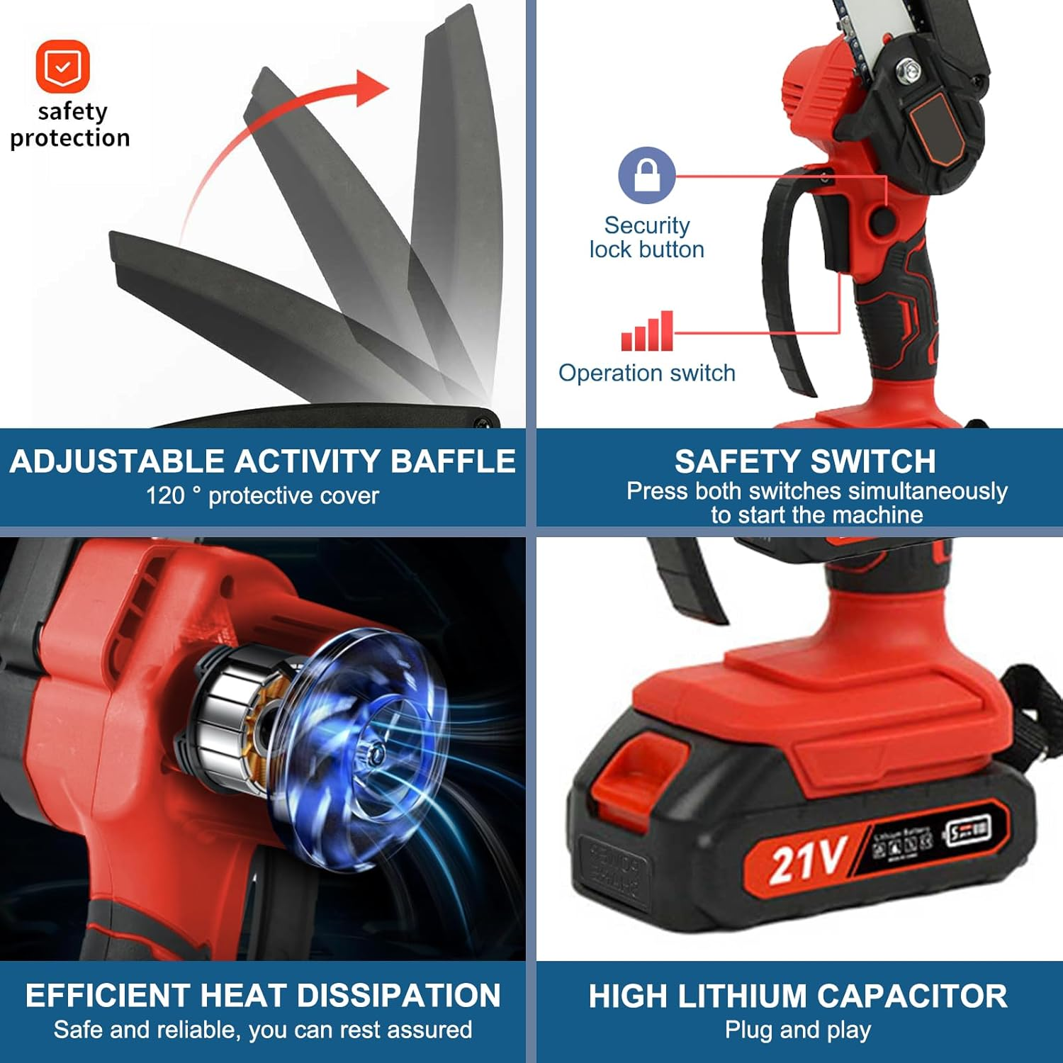 TFMOJHST Super Saw Mini Chainsaw Cordless 6 Inch,Mini Electric Chainsaw Cordless Pruning Saw，With 2Pcs Batterie&3 Chains Handheld Chainsaw Battery Powered,Small Chainsaw for Wood Cutting Trimming-Red image number 2