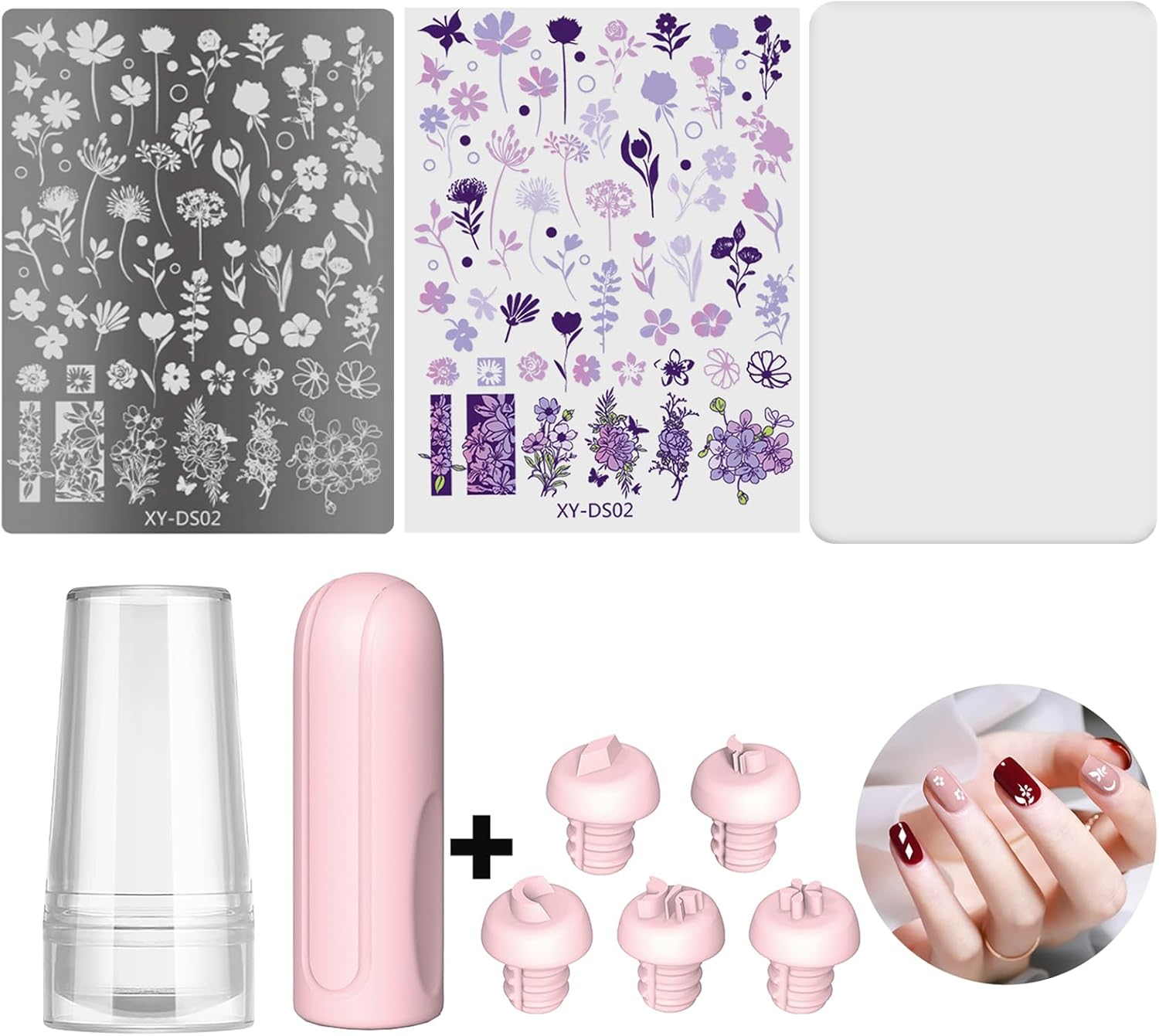 Nail Art Stamp Pen Set with 5-In-1 Silicone Nail Stamp Pen, 1 Nail Stamp, 1 Scraper, 1 Nail Pattern Printing Plate, Floral Pattern, French Manicure Stamping Tool for DIY Nail Art Designs image number 4