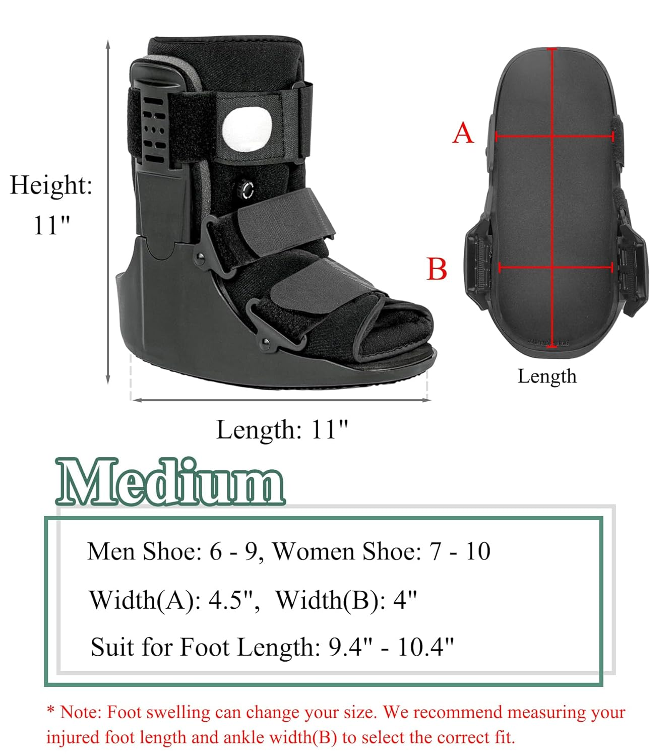 Jewlri Air Walking Boot Fracture Boot Short Walker Protective Boot Fits Left or Right Foot Ankle for Injuries Fractures Sprains Black M