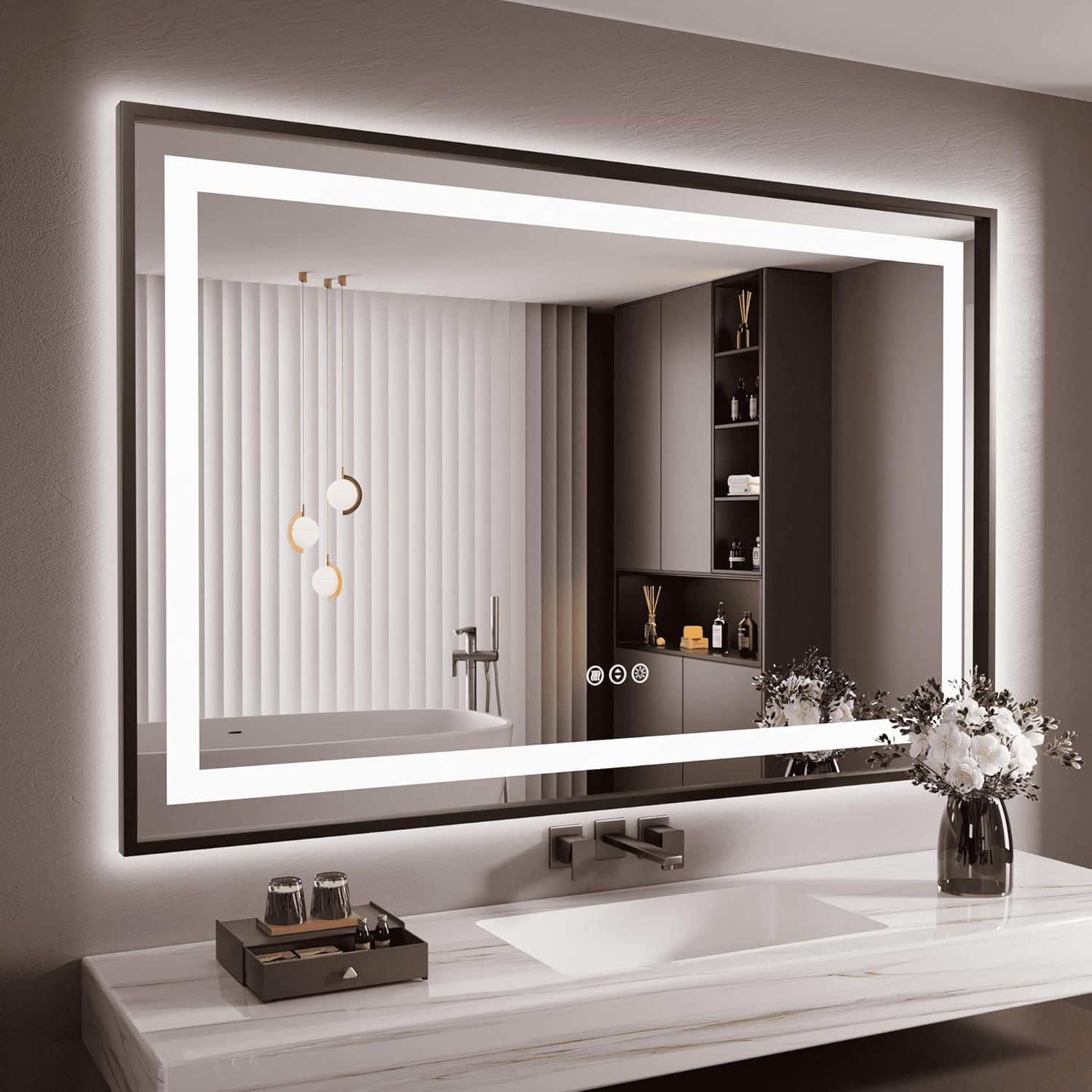 Amorho LED Bathroom Mirror 139X90 CM with Black Frame, Front Light and Backlit, Stepless Dimmable, Anti-Fog, Shatter-Proof, Memory, 3 Color Lighting, LED Wall-Mounted Mirror(Horizontal/Vertical) image number 6