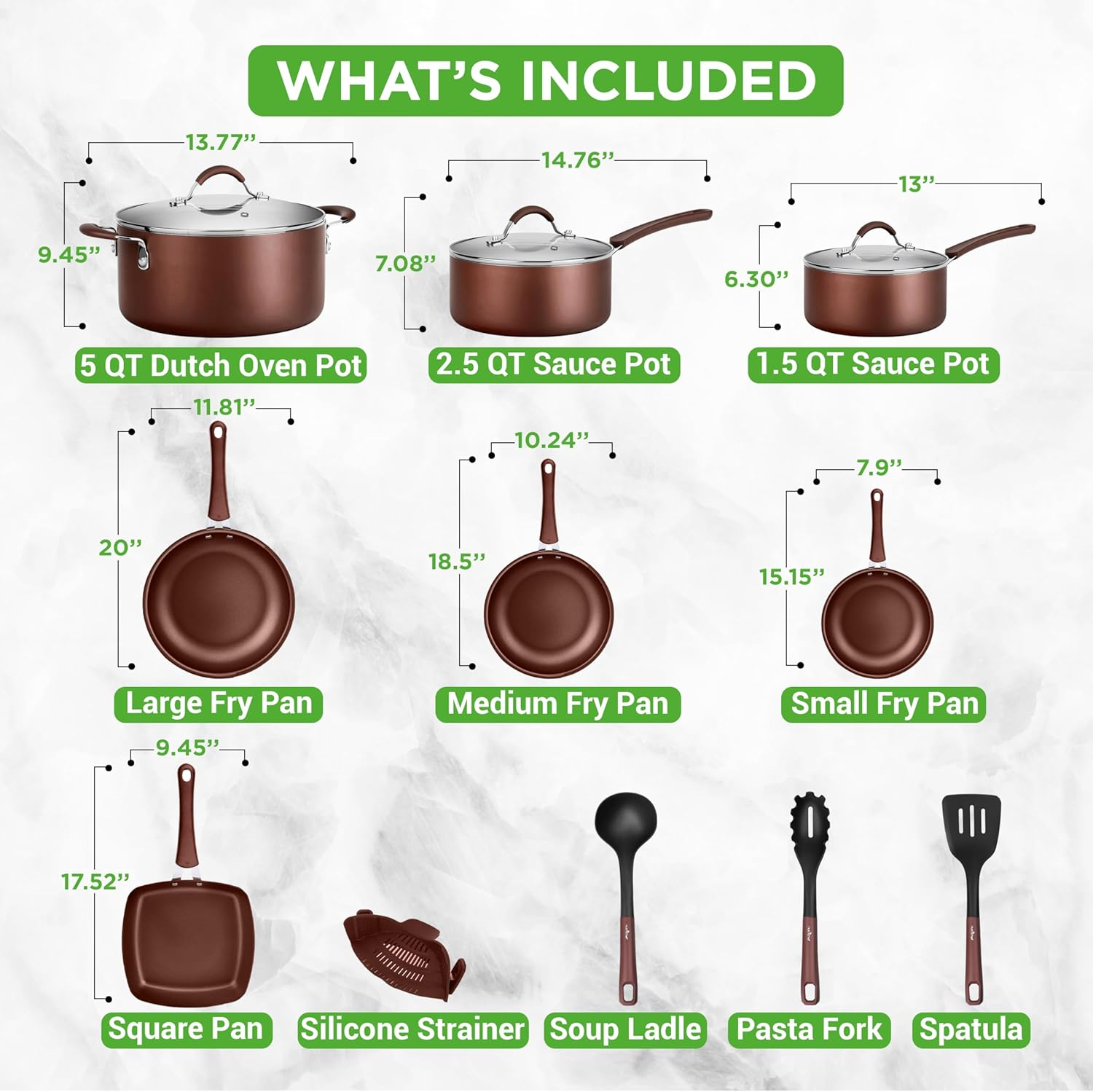 Nutrichef Kitchenware Pots & Pans High-Qualified Basic Kitchen Cookware, Non-Stick (20-Piece Set), One Size, Brown image number 3