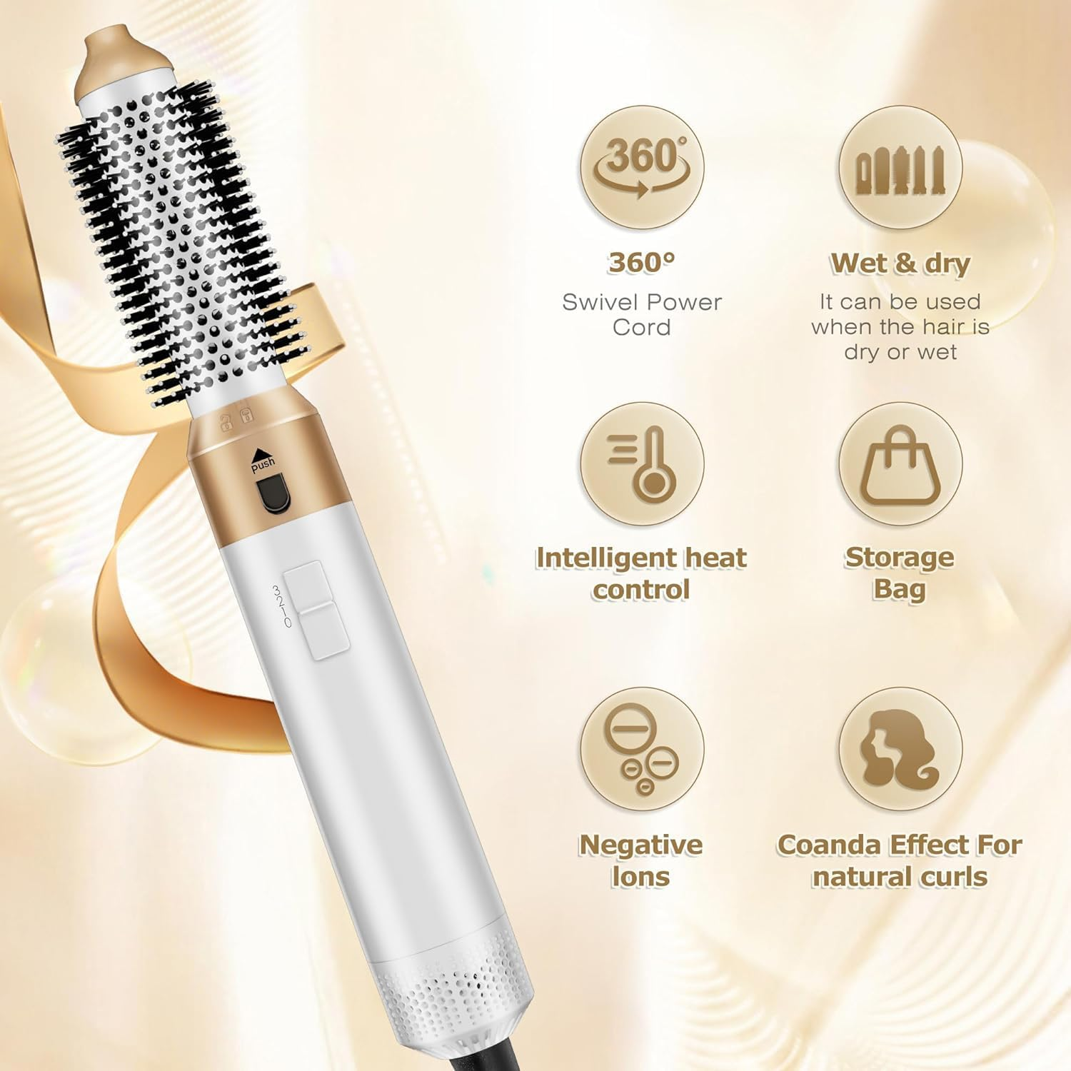 TAMEFOX 5 in 1 Hair Dryer Brush Set, Multifunctional Hair Styler Kit, Hot Air Brush for Styling, Curling, Volumizing, Straightening, Detachable and Interchangeable Hair Styling Tools for All Hair Types (Premium White Gold) image number 3